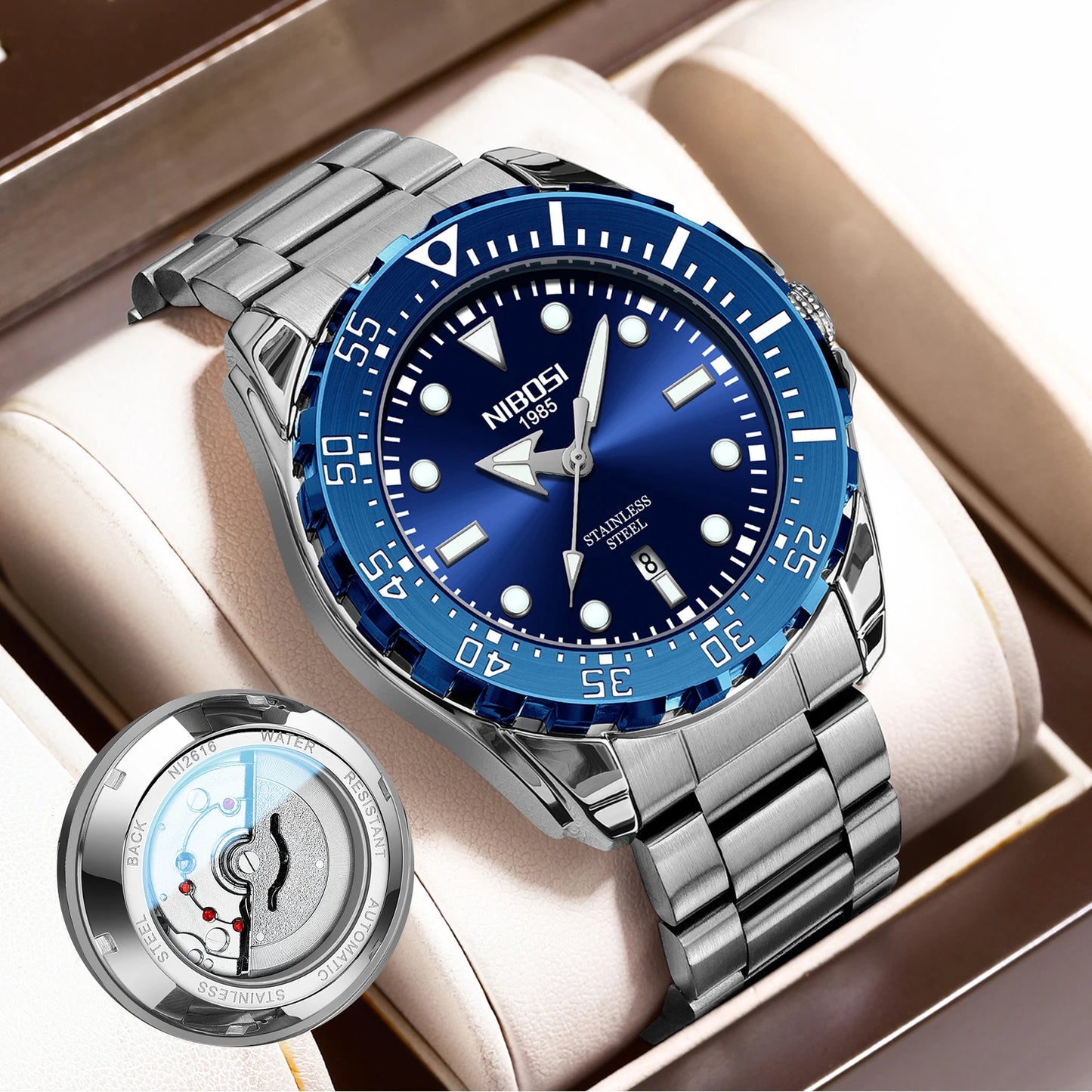 NIBOSI 2616 Men's Business Solid Steel Strip High-end Luminous Calendar Waterproof Black Blue Watch