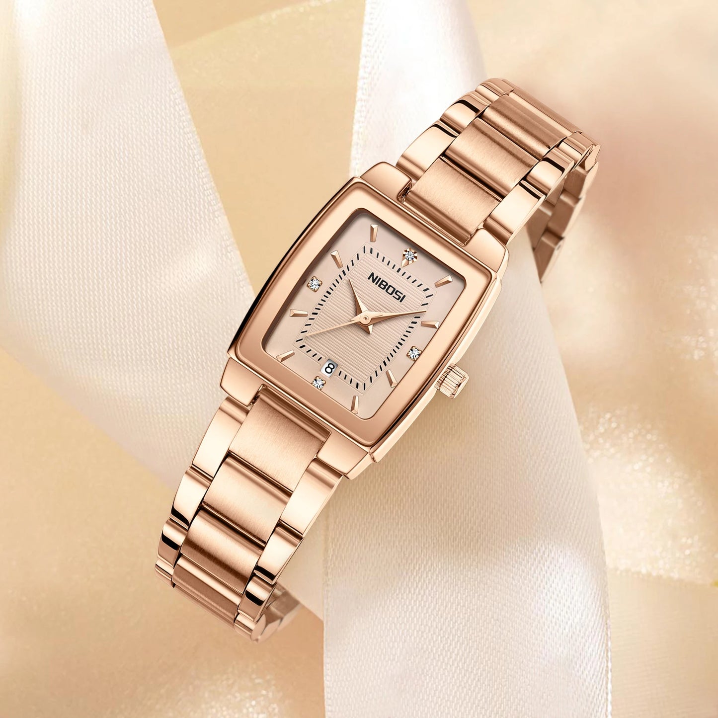 Nibosi 2671 Wholesale Fashion Explosion Light Luxury Square Silver Quartz Watch With Calendar Steel Belt Waterproof Watch