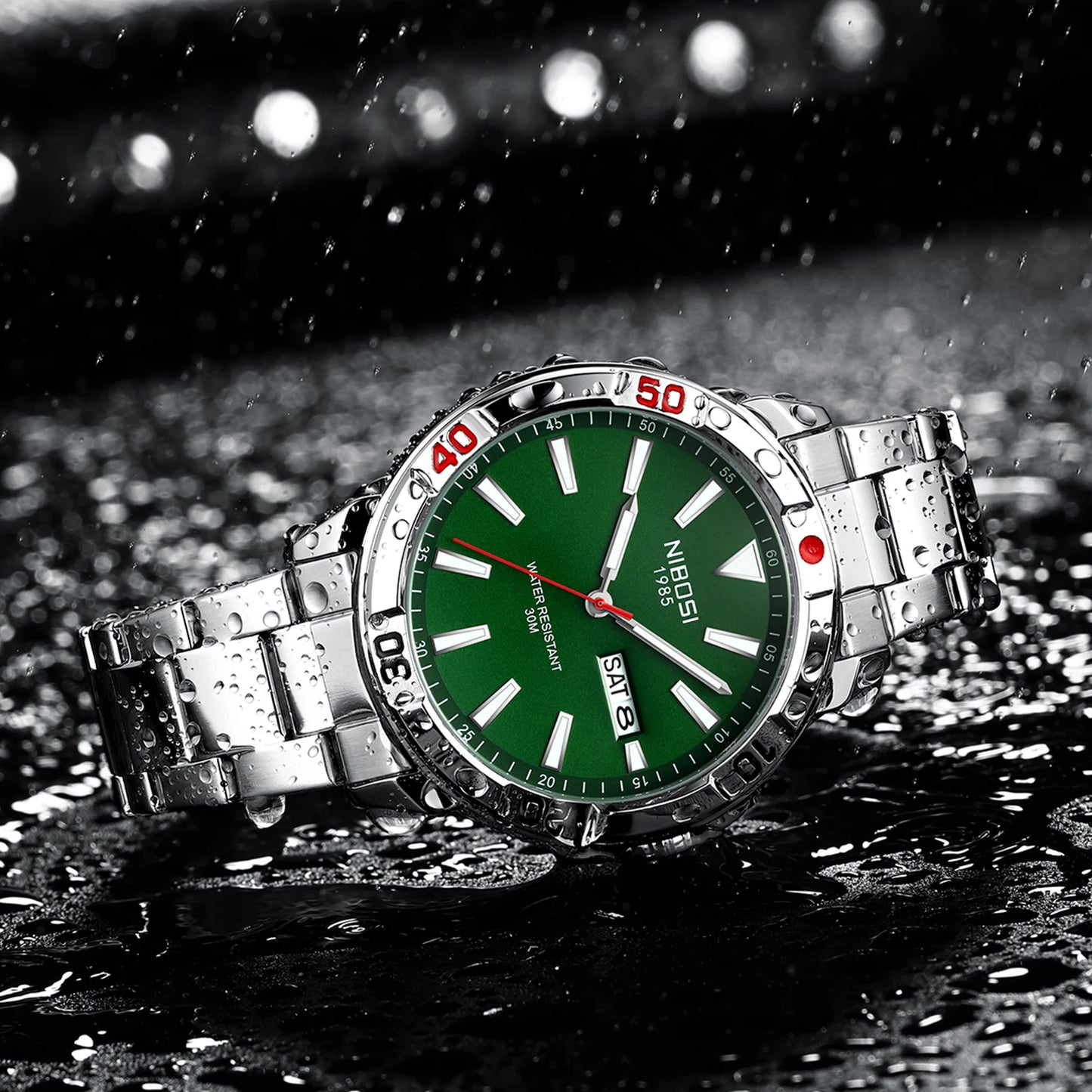 NIBOSI 2660 Business Luxury Mens Stainless Steel Strap Alloy Case Mineral Glasses Quartz Watch