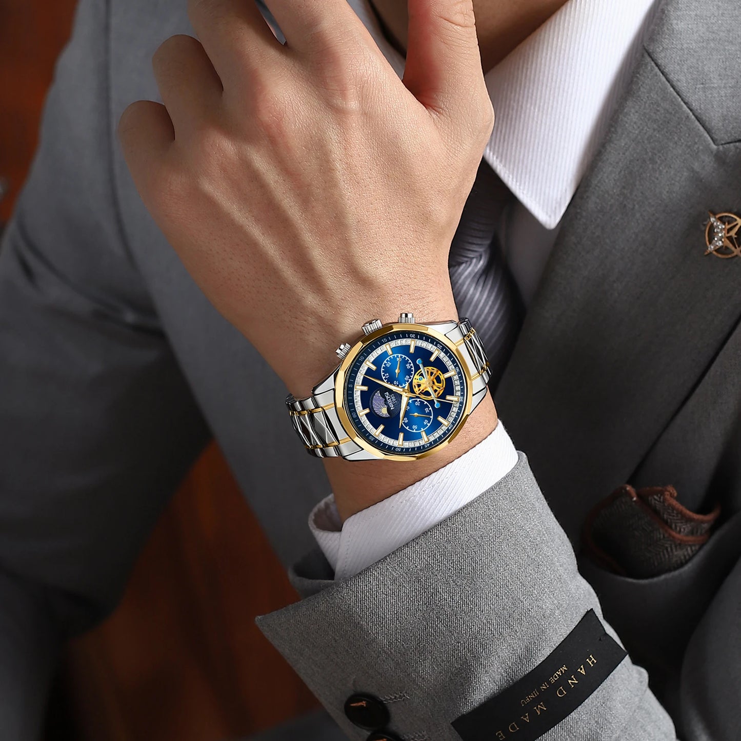 New Design NIBOSI 2656 Business Luxury Moon Watches Hollow Flywheel Men Waterproof Wrist Watches