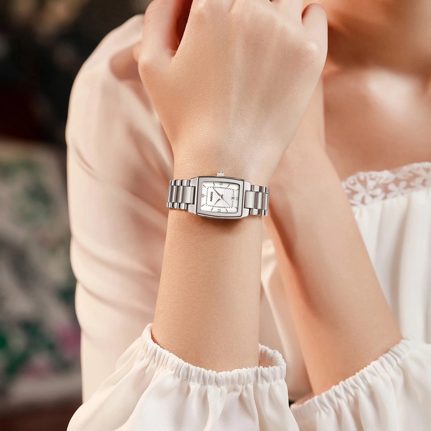 Nibosi 2671 Wholesale Fashion Explosion Light Luxury Square Silver Quartz Watch With Calendar Steel Belt Waterproof Watch