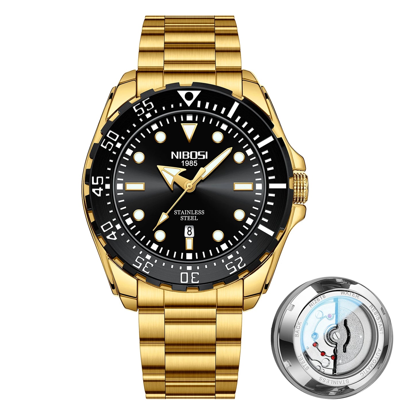NIBOSI 2616 Men's Business Solid Steel Strip High-end Luminous Calendar Waterproof Black Blue Watch