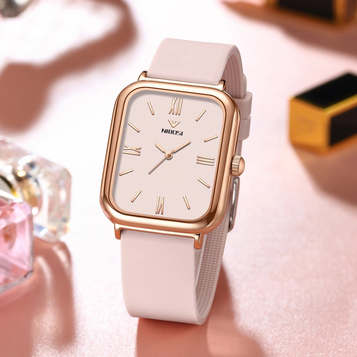 NIBOSI 2562 Customize Logo Simple Design Fashion Ladies Wristwatch Square Dial Silicone Band Women Quartz Watches