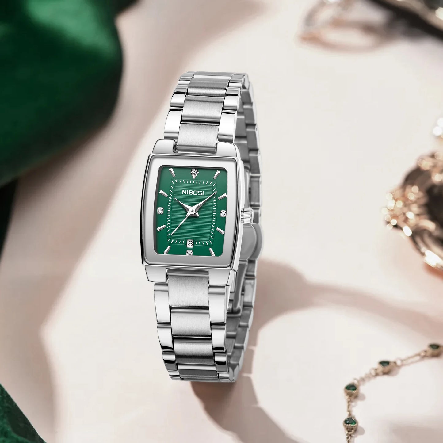 Nibosi 2671 Square Silver Watch Quartz Calendar Steel Strip Waterproof Women Stainless Steel Watch