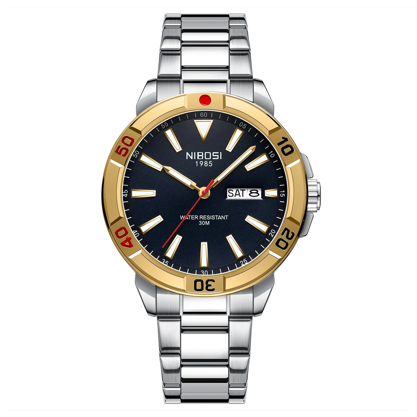NIBOSI 2660 Business Luxury Mens Stainless Steel Strap Alloy Case Mineral Glasses Quartz Watch