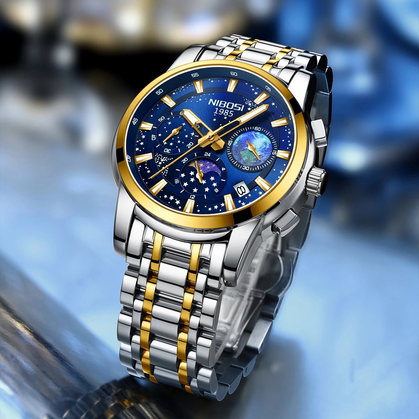NIBOSI 2651 Men's Earth Sky Starry Night Design Auto Date Chronograph Alloy Case Stainless Steel Strap 3Bar Quartz Watch