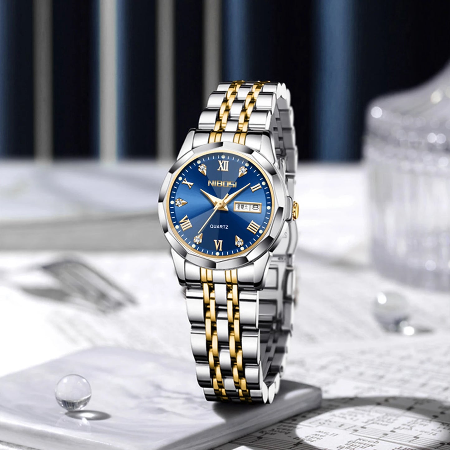 NIBOSI 2618 Women Fashion Luxury Elegant Street Wear Stainless Steel Band Mineral Glass Quartz Watch