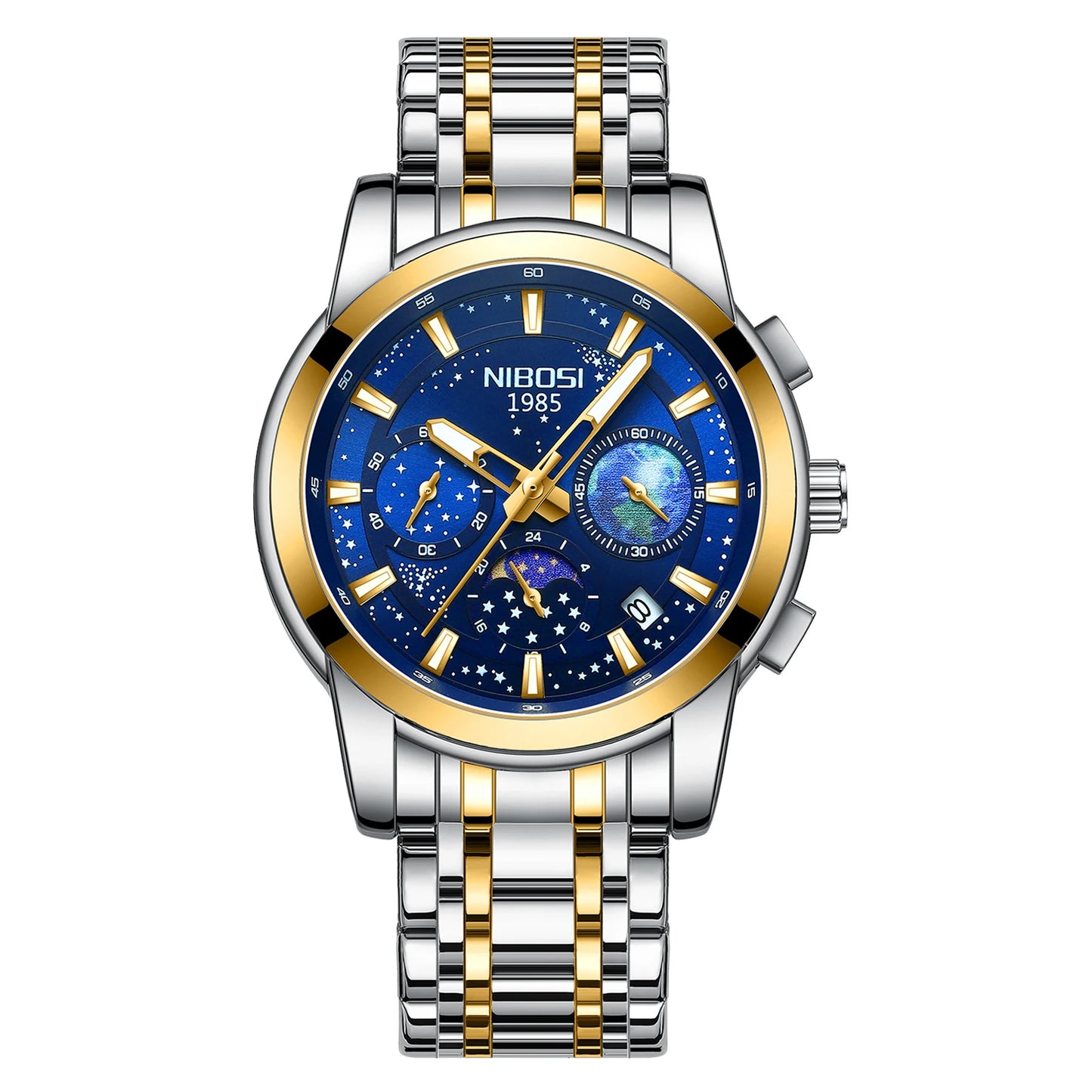 NIBOSI 2651 Men's Earth Sky Starry Night Design Auto Date Chronograph Alloy Case Stainless Steel Strap 3Bar Quartz Watch