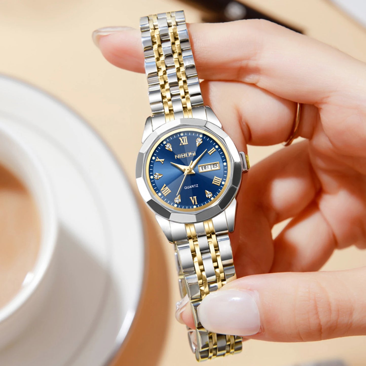 NIBOSI 2618 Women Fashion Luxury Elegant Street Wear Stainless Steel Band Mineral Glass Quartz Watch