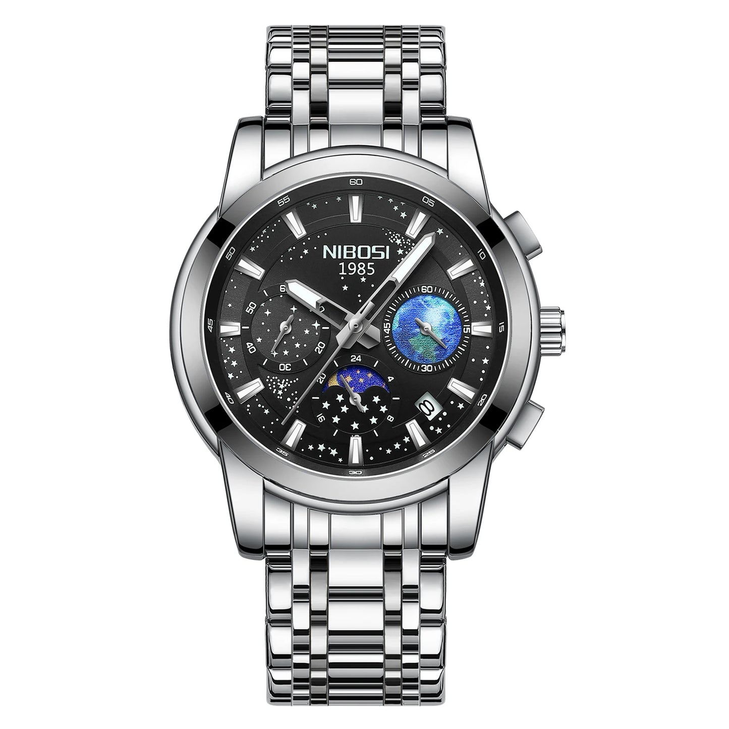 NIBOSI 2651 Men's Earth Sky Starry Night Design Auto Date Chronograph Alloy Case Stainless Steel Strap 3Bar Quartz Watch