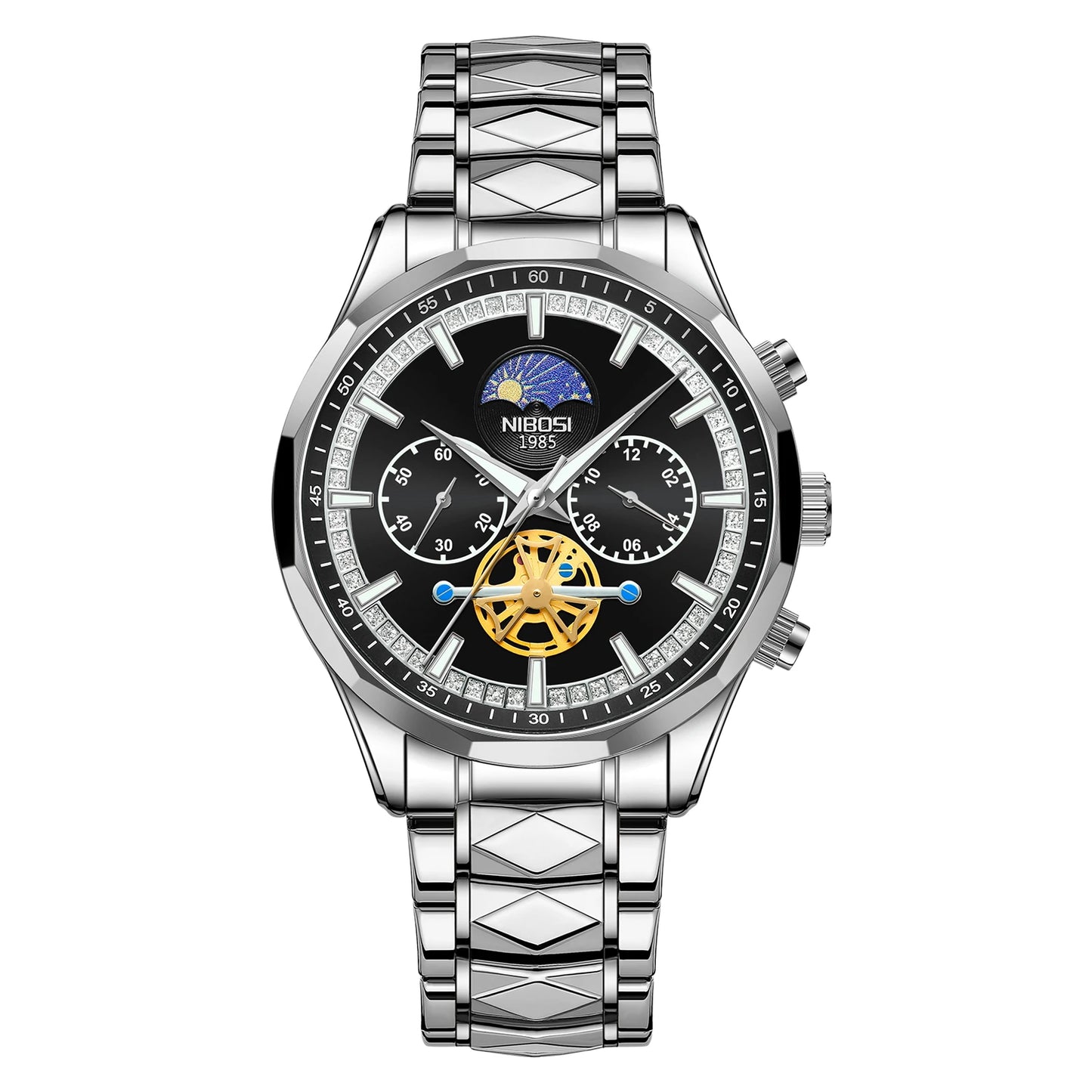NIBOSI 2656 New Model Fashion Stainless Steel Band Chronograph Three Small Needles Quartz Watch for Men