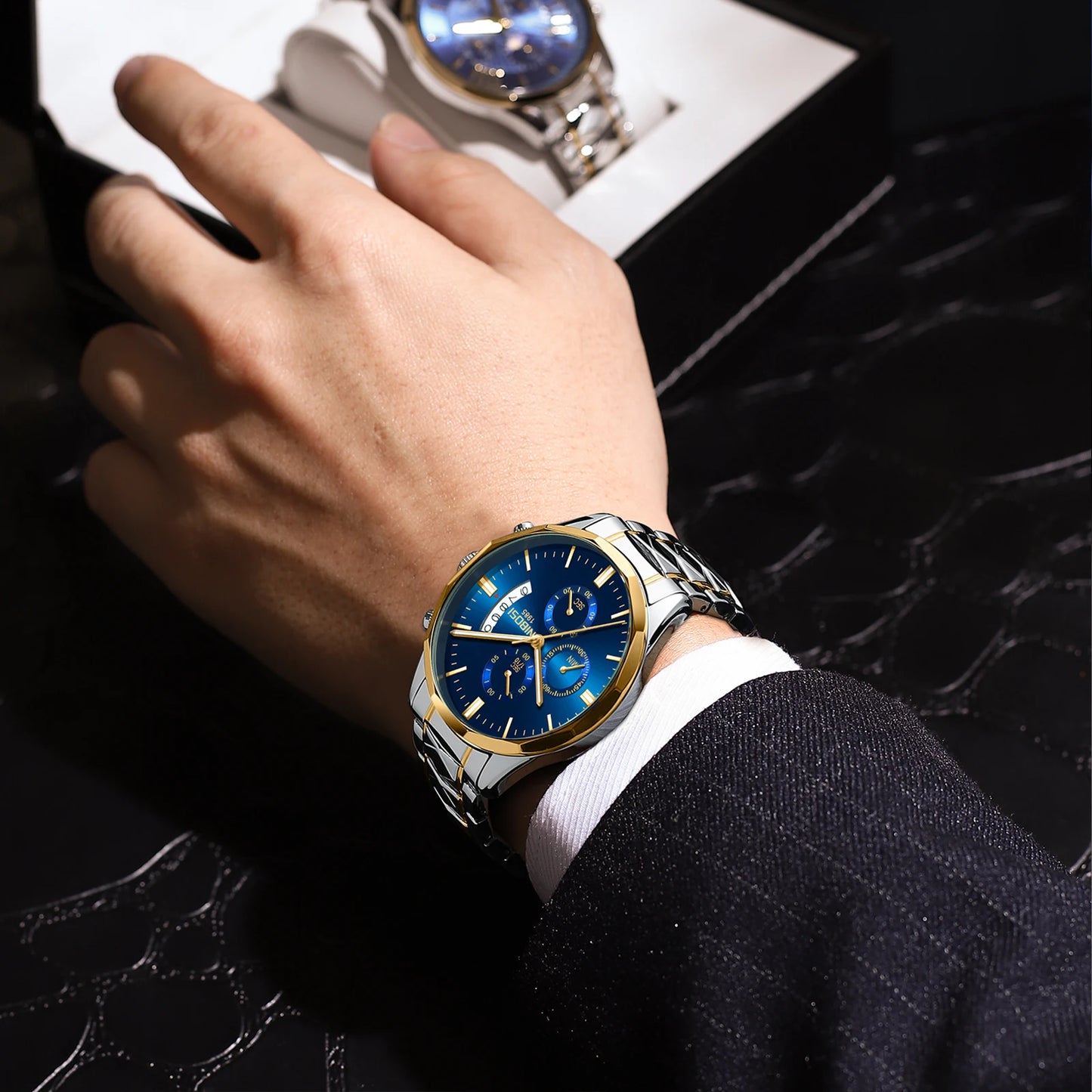 NIBOSI 2655 Men Charm Business Waterproof Chronograph Auto Date Stainless Steel StrapWrist Quartz Watch