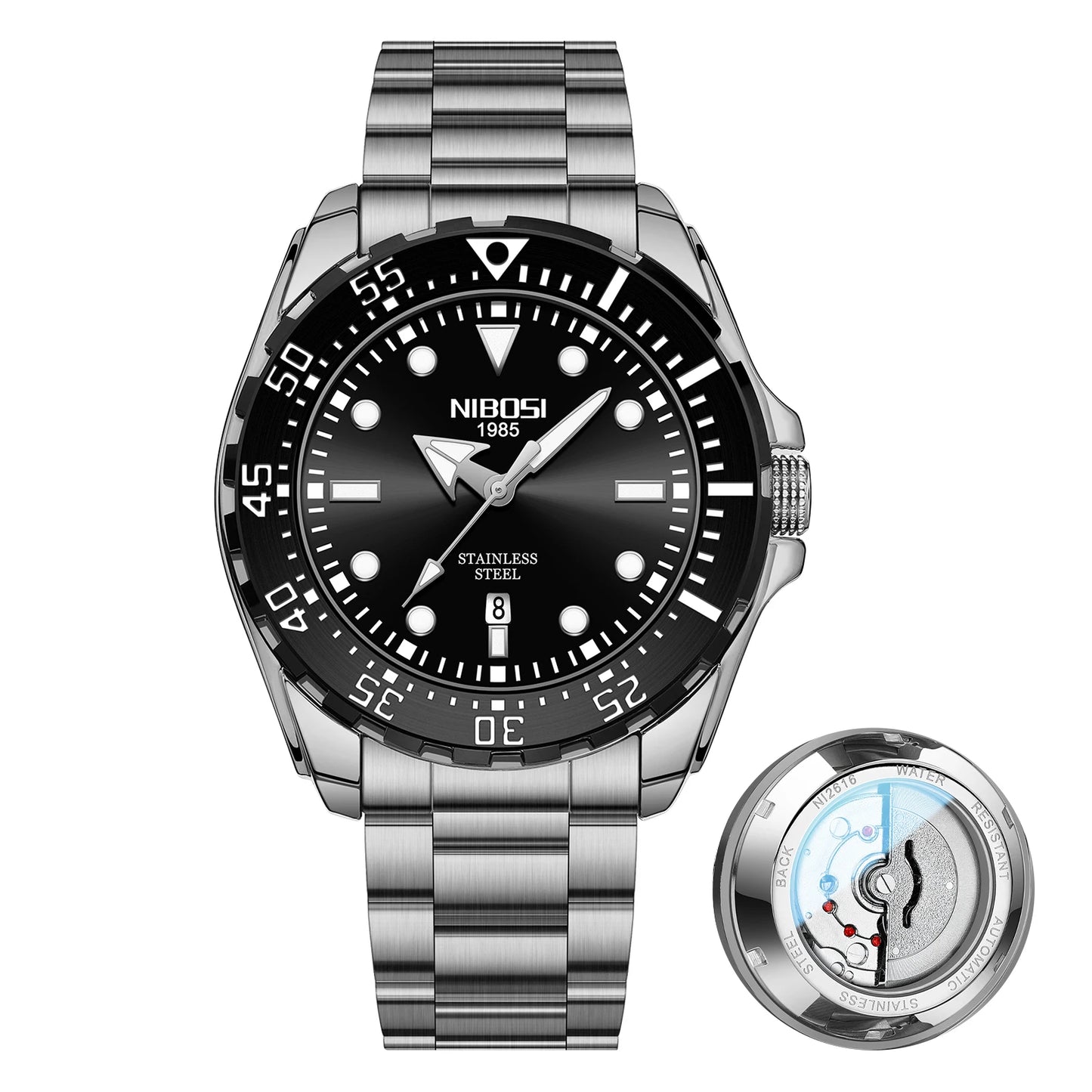NIBOSI 2616 Men's Business Solid Steel Strip High-end Luminous Calendar Waterproof Black Blue Watch