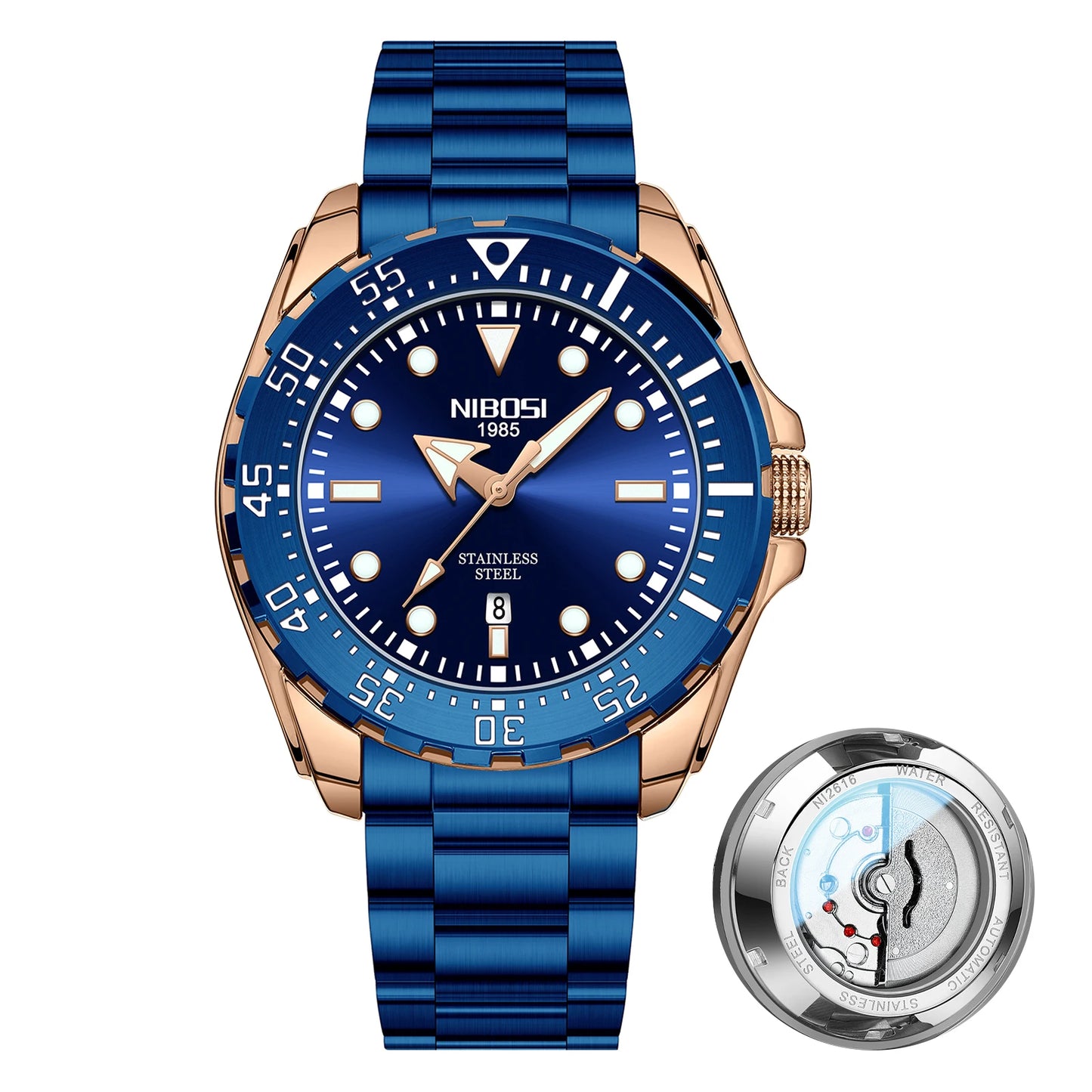 NIBOSI 2616 Men's Business Solid Steel Strip High-end Luminous Calendar Waterproof Black Blue Watch