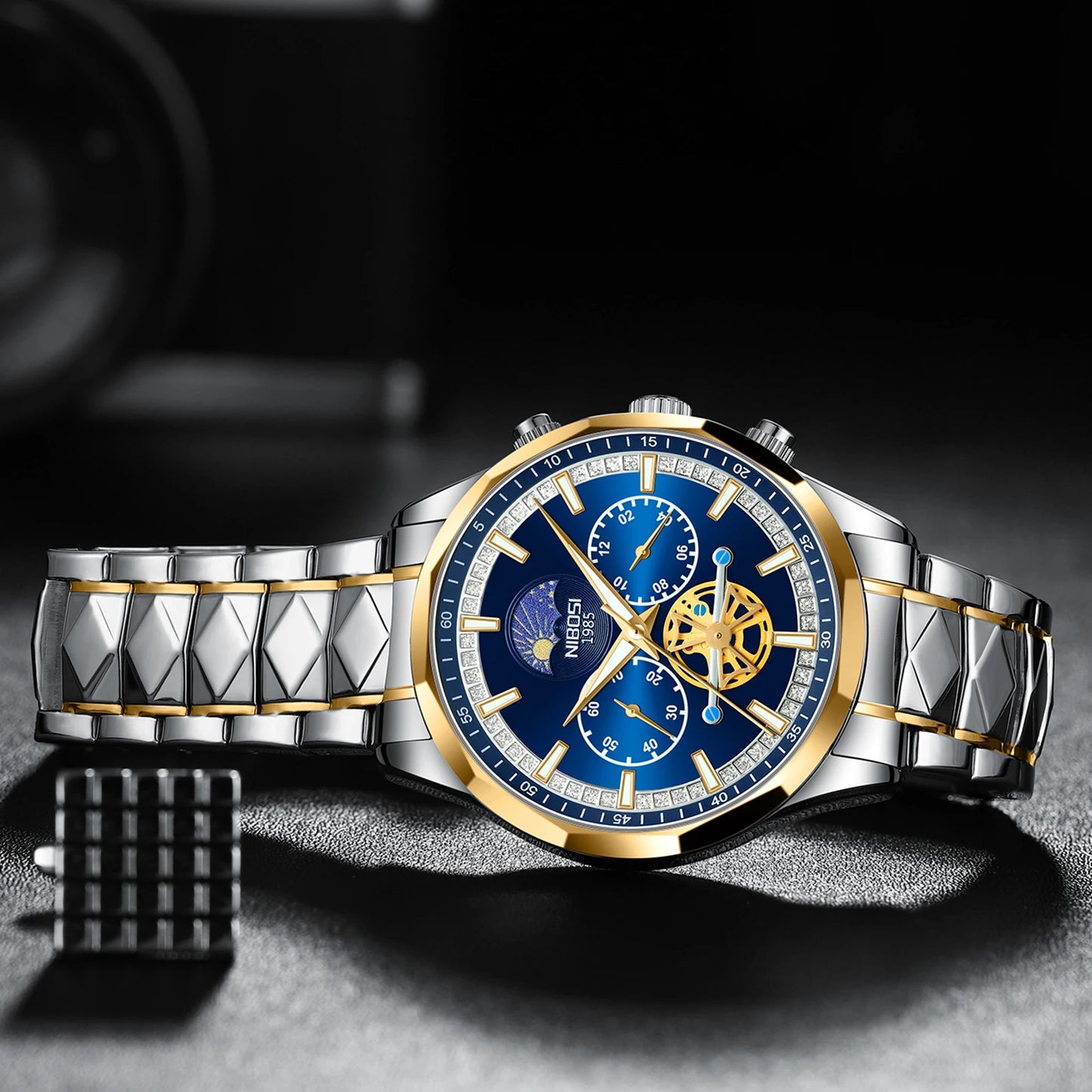 NIBOSI 2656 New Model Fashion Stainless Steel Band Chronograph Three Small Needles Quartz Watch for Men