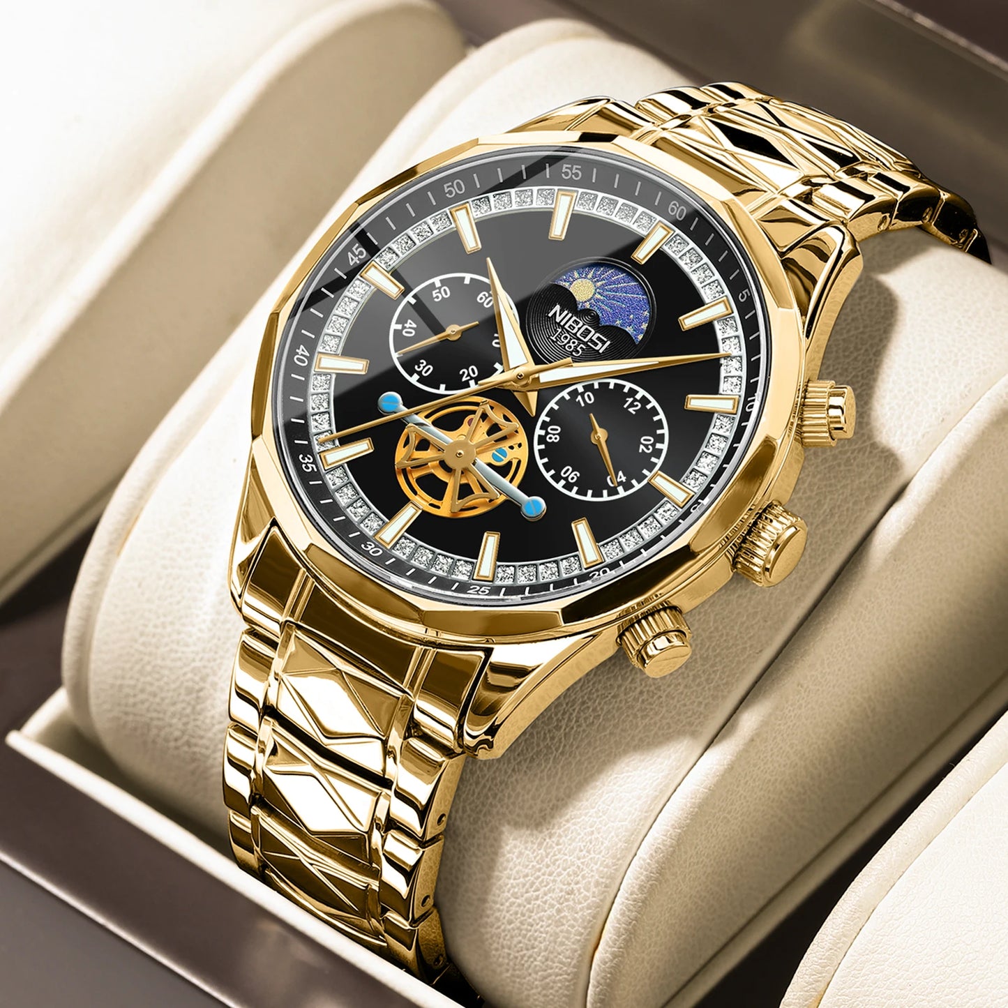 NIBOSI 2656 New Model Fashion Stainless Steel Band Chronograph Three Small Needles Quartz Watch for Men