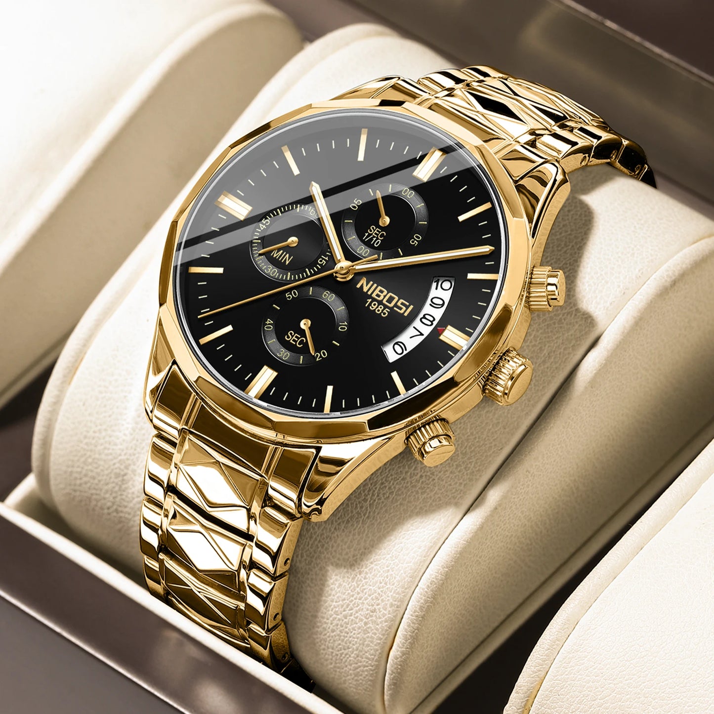 NIBOSI 2655 Multi-function Chronograph Watches Waterproof Quartz Watch for Men Stainless Steel Strap Men Wristwatch