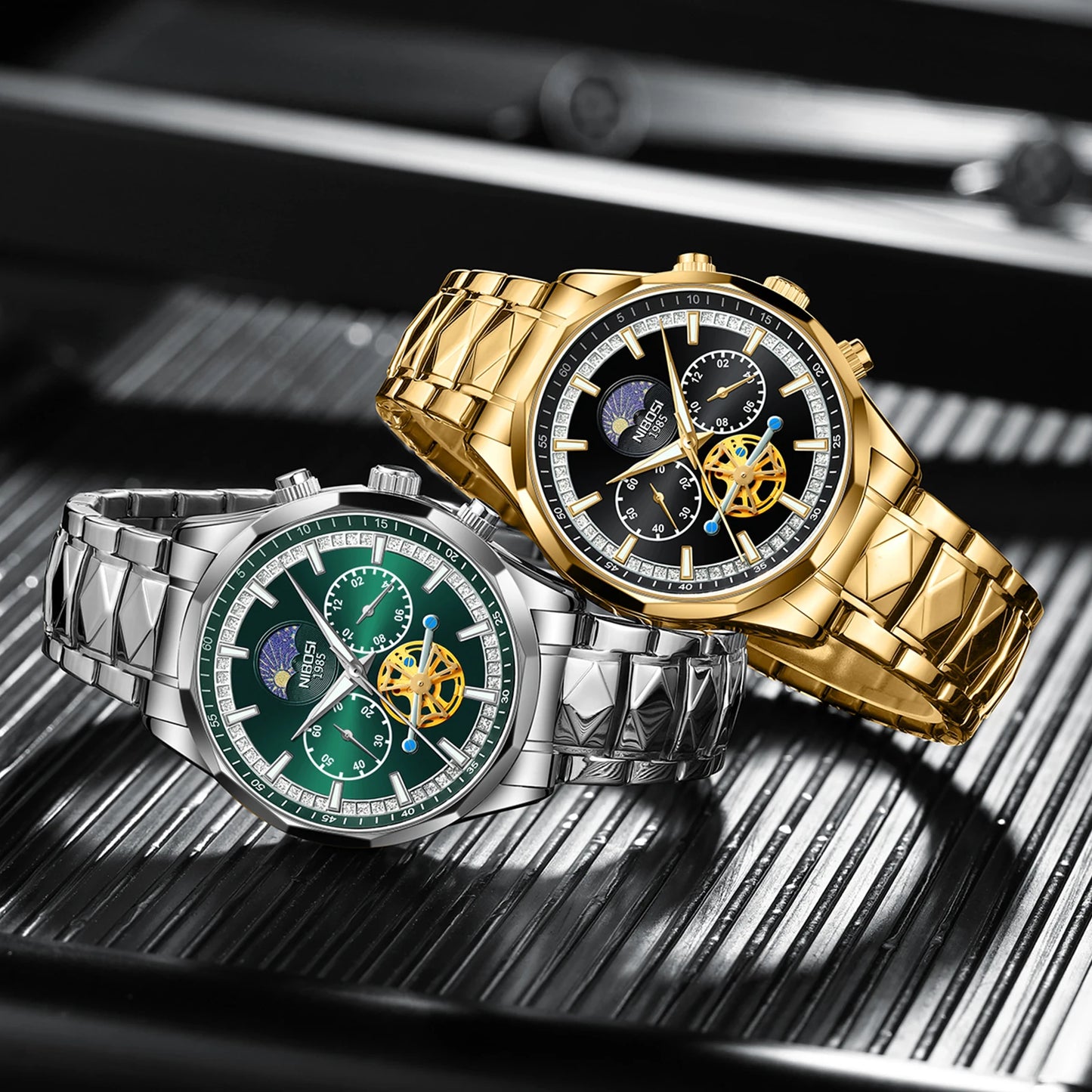 New Design NIBOSI 2656 Business Luxury Moon Watches Hollow Flywheel Men Waterproof Wrist Watches