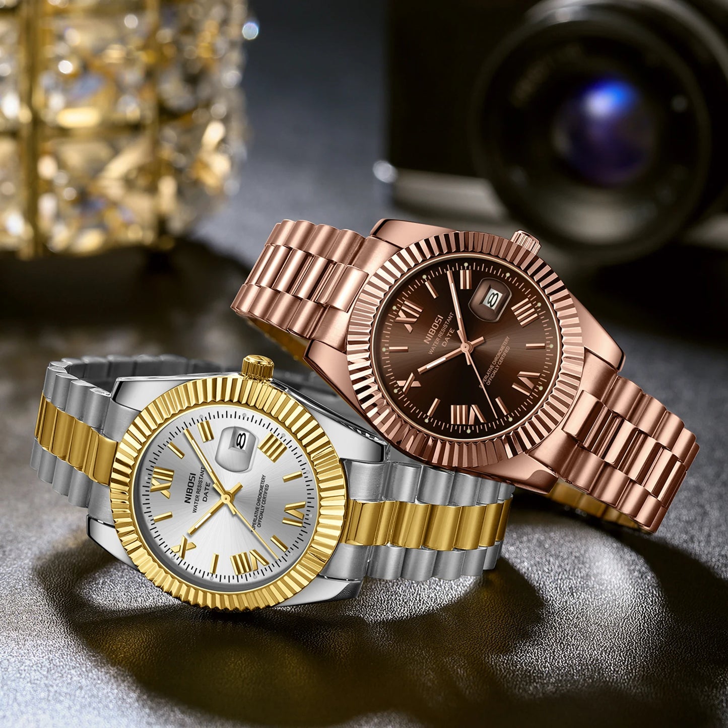 2025 NEW NIBOSI 2678 Fashion Golden Gents Quartz Watch Stainless Steel Band Waterproof Simple Business Wristwatch
