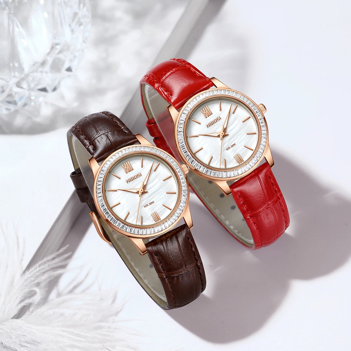 NIBOSI 2677 Women Elegant Fashion Luxury Leather Strap Diamond Quartz Watch