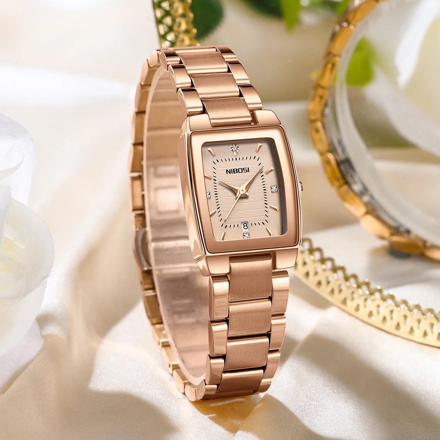 Nibosi 2671 Wholesale Fashion Explosion Light Luxury Square Silver Quartz Watch With Calendar Steel Belt Waterproof Watch