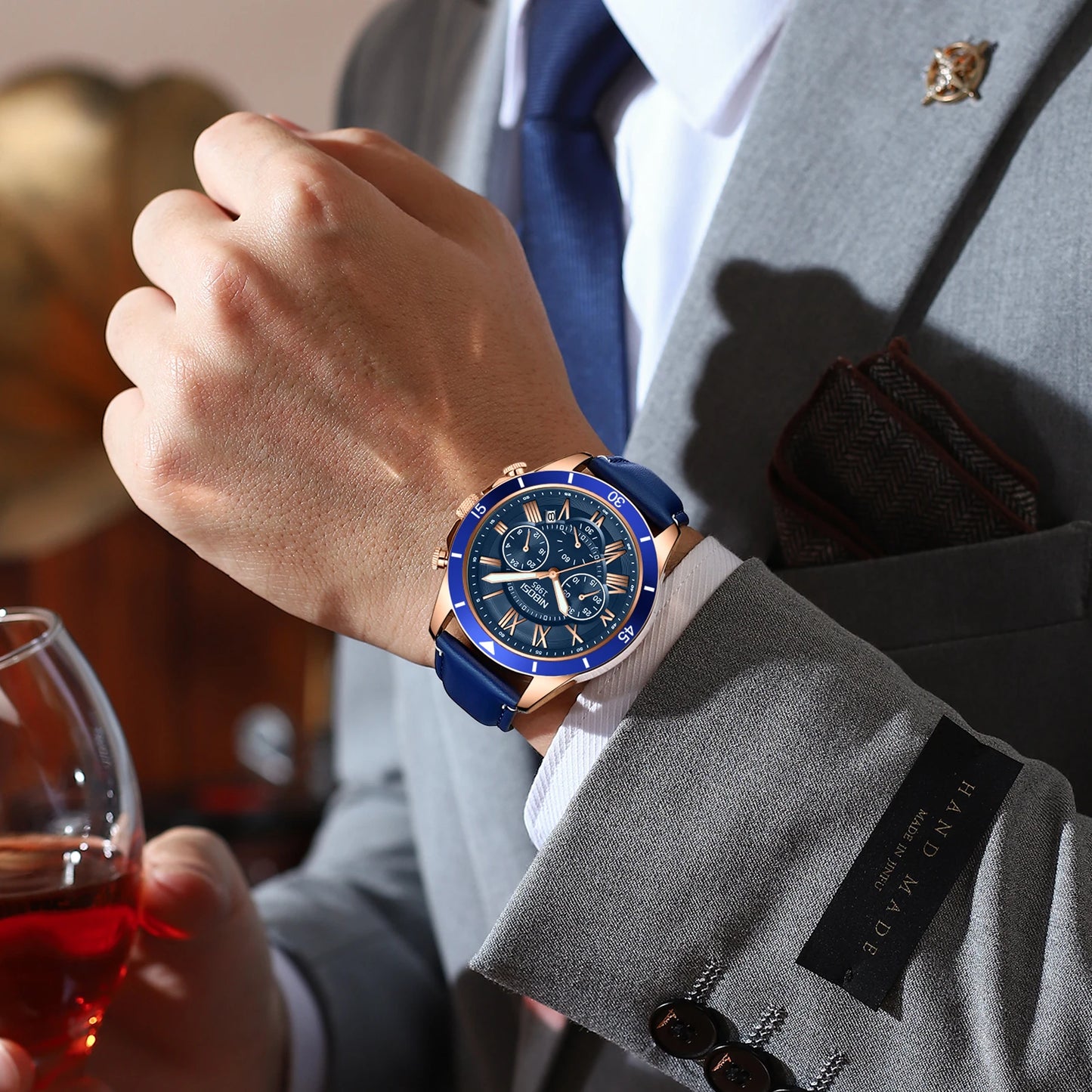 Wholesale Factory NIBOSI 2652 Mens Blue Leather Strap Quartz Wrist Watch Brand New Hot Handwatch for Men