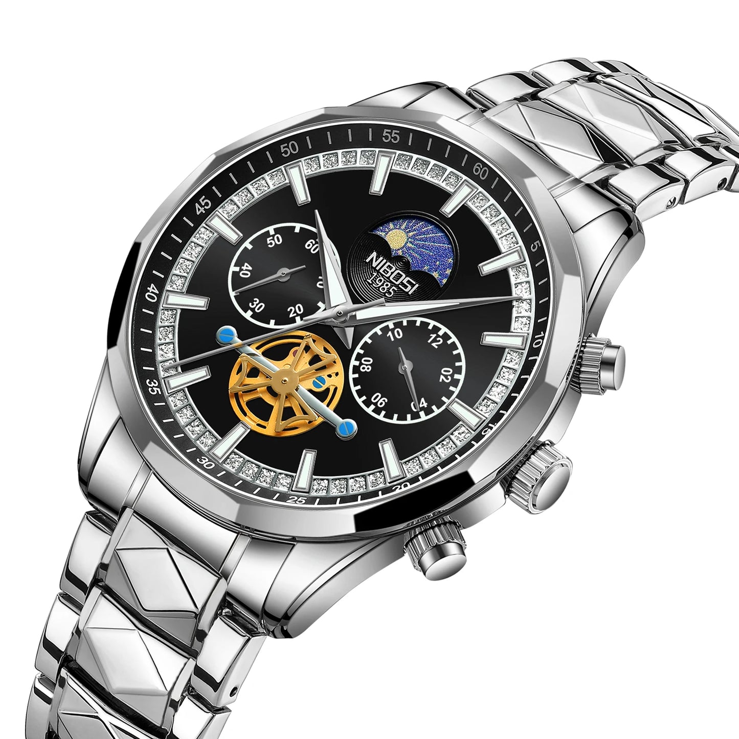 New Design NIBOSI 2656 Business Luxury Moon Watches Hollow Flywheel Men Waterproof Wrist Watches
