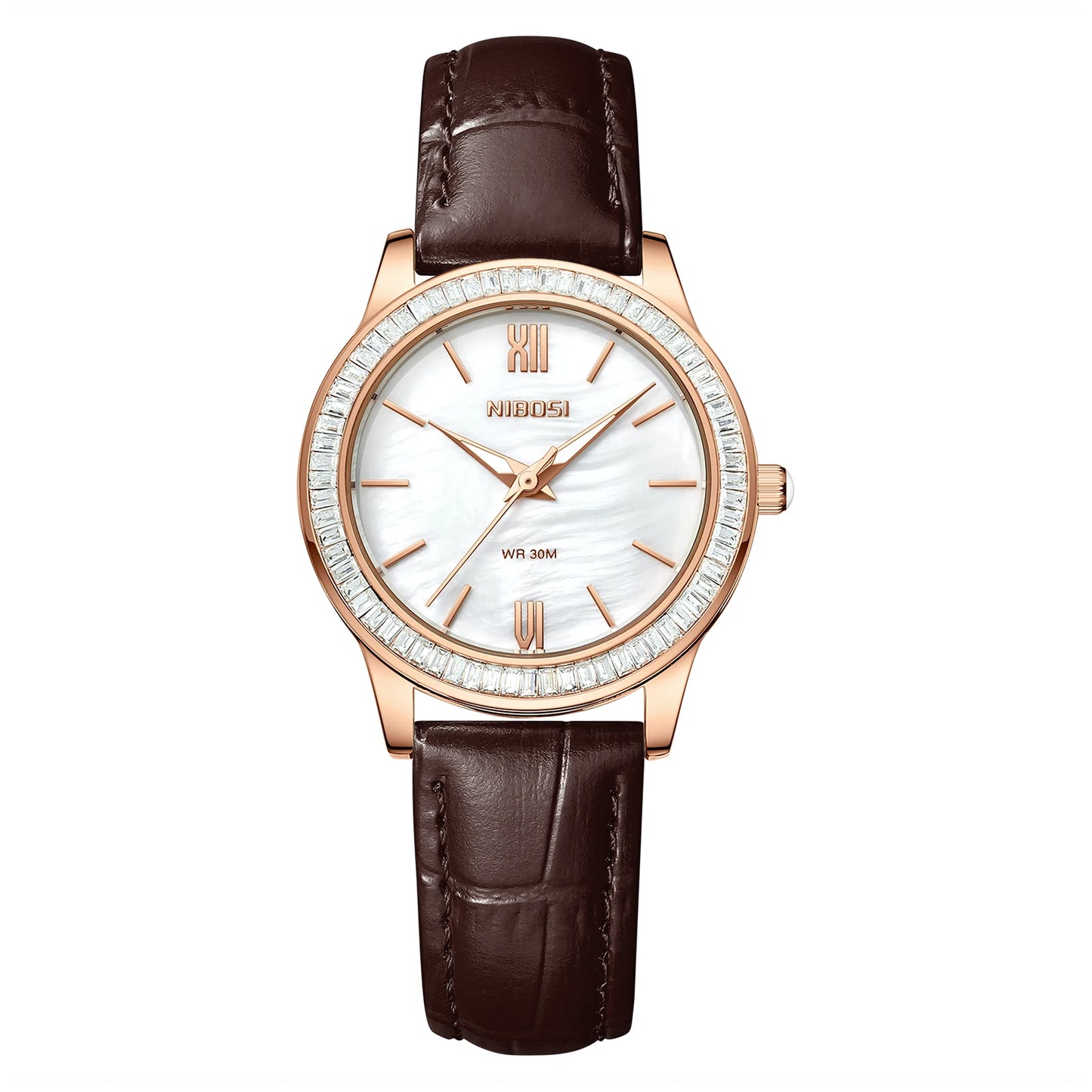 NIBOSI 2677 Women Elegant Fashion Luxury Leather Strap Diamond Quartz Watch