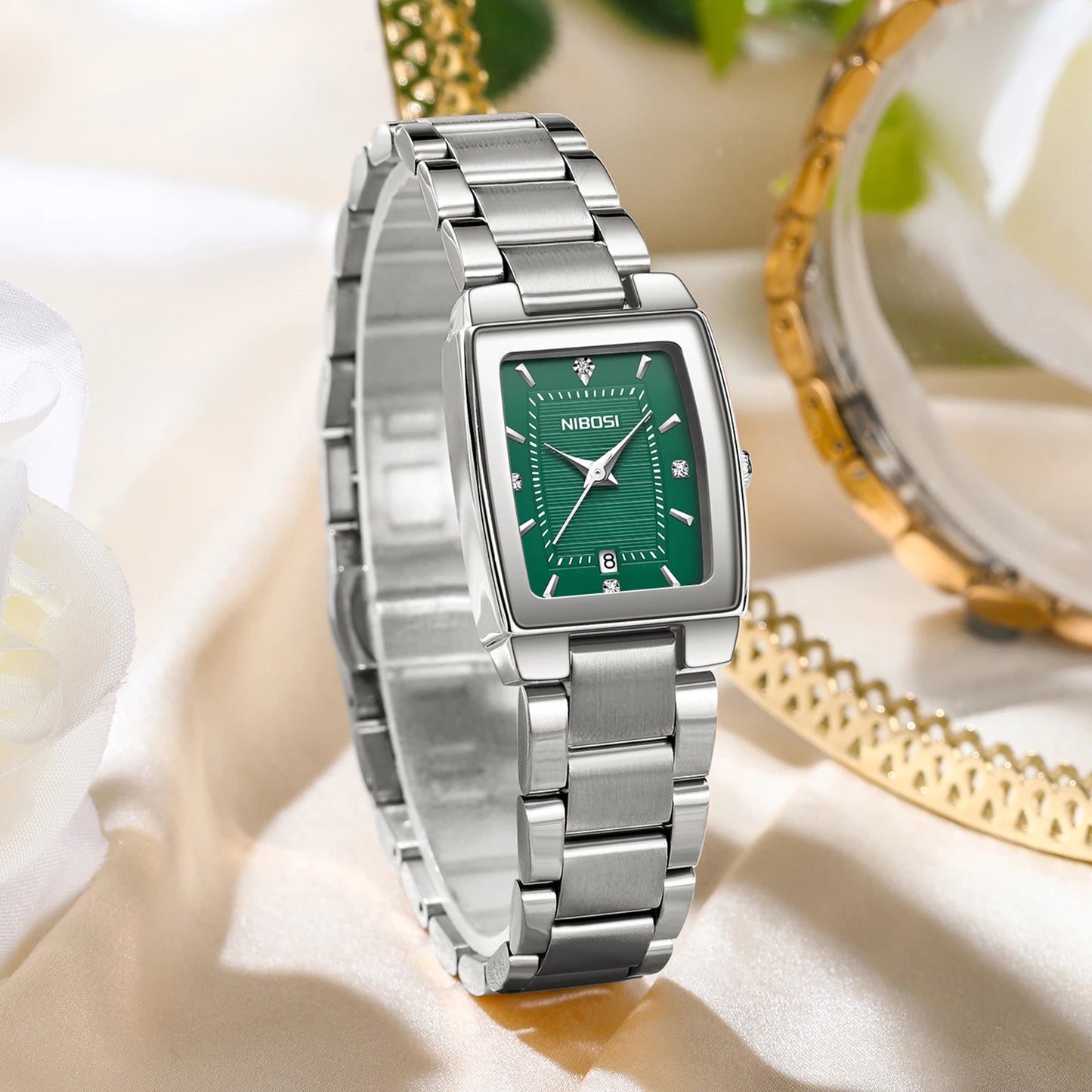 Nibosi 2671 Wholesale Fashion Explosion Light Luxury Square Silver Quartz Watch With Calendar Steel Belt Waterproof Watch