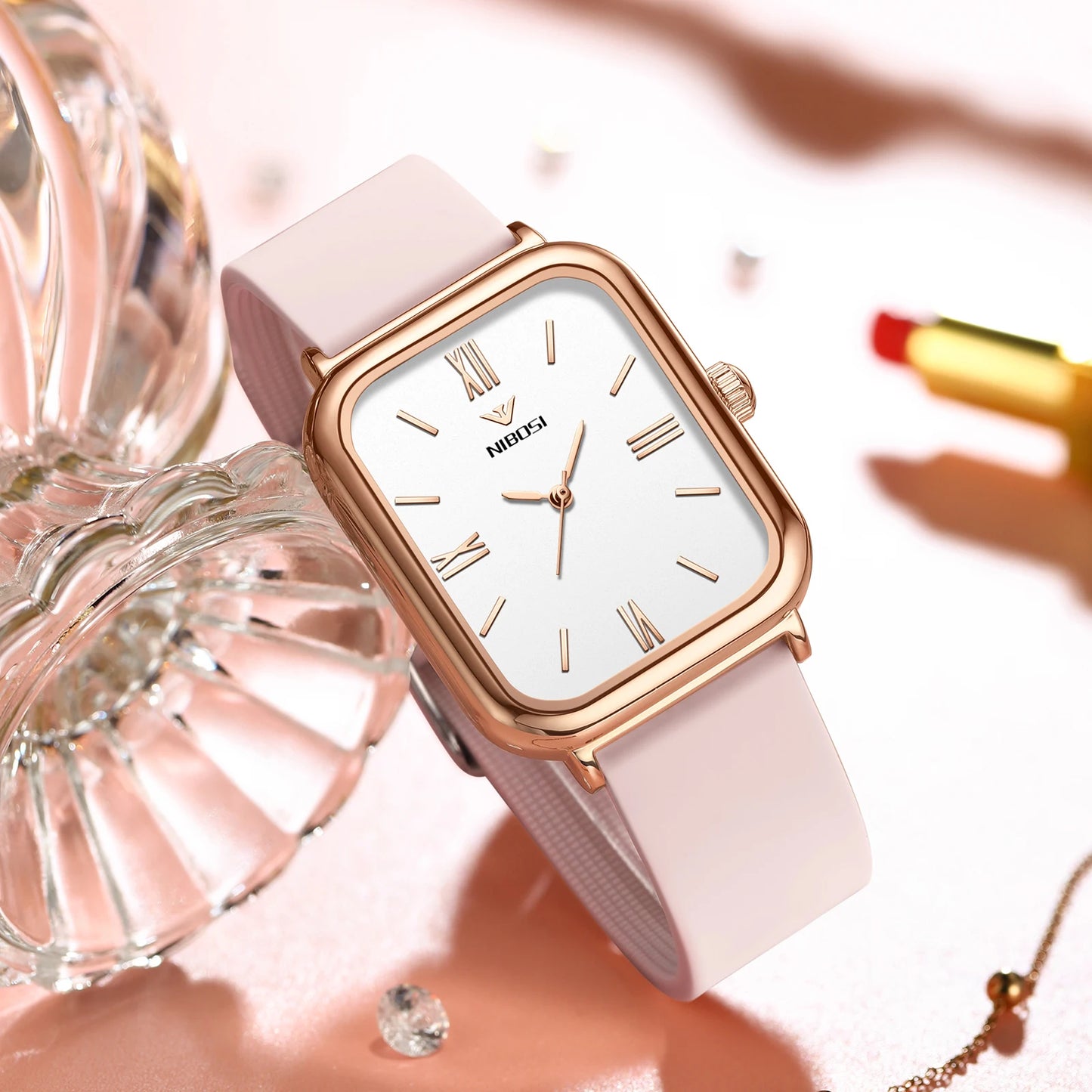 NIBOSI 2562 Customize Logo Simple Design Fashion Ladies Wristwatch Square Dial Silicone Band Women Quartz Watches