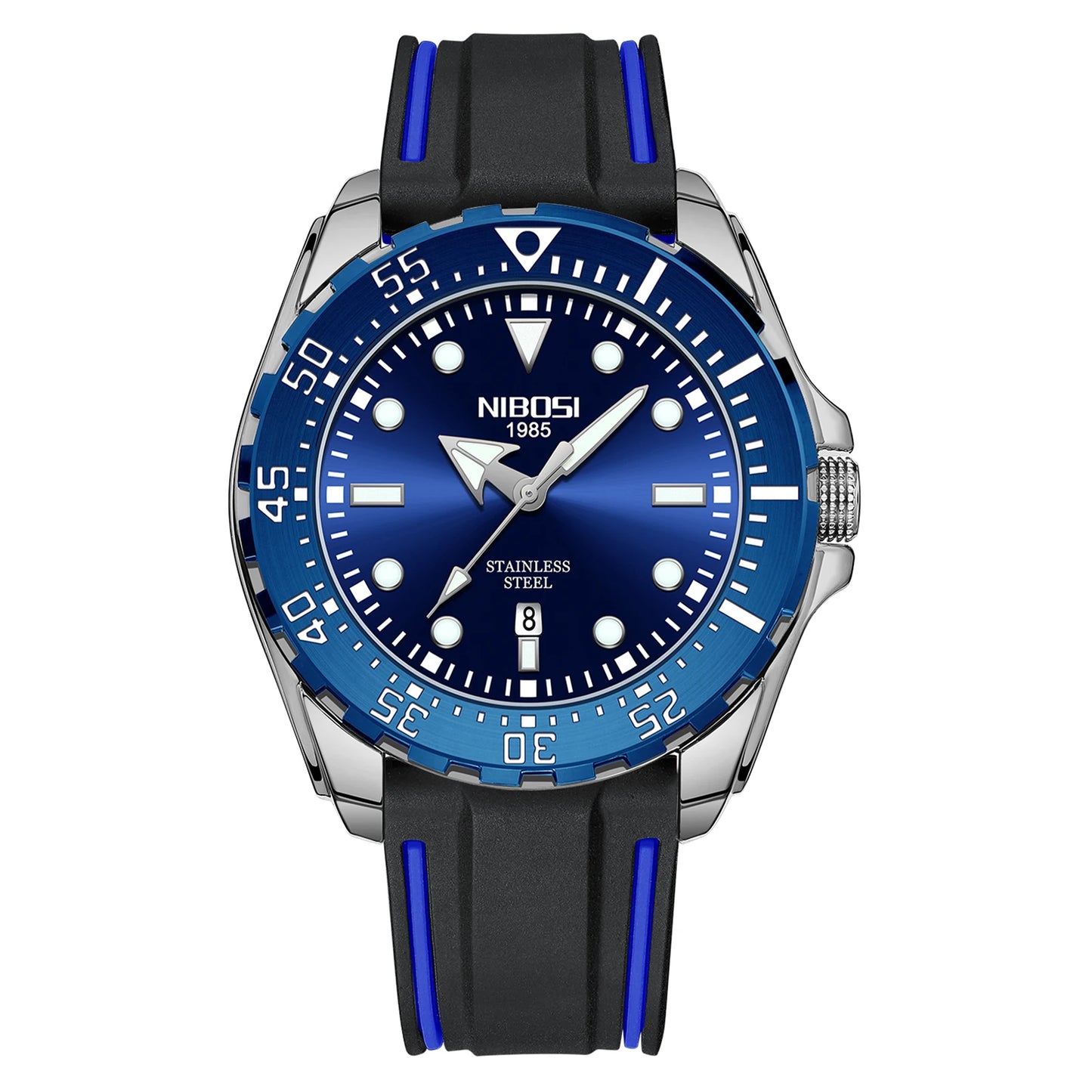 NIBOSI 2616 Men's Business Solid Steel Strip High-end Luminous Calendar Waterproof Black Blue Watch
