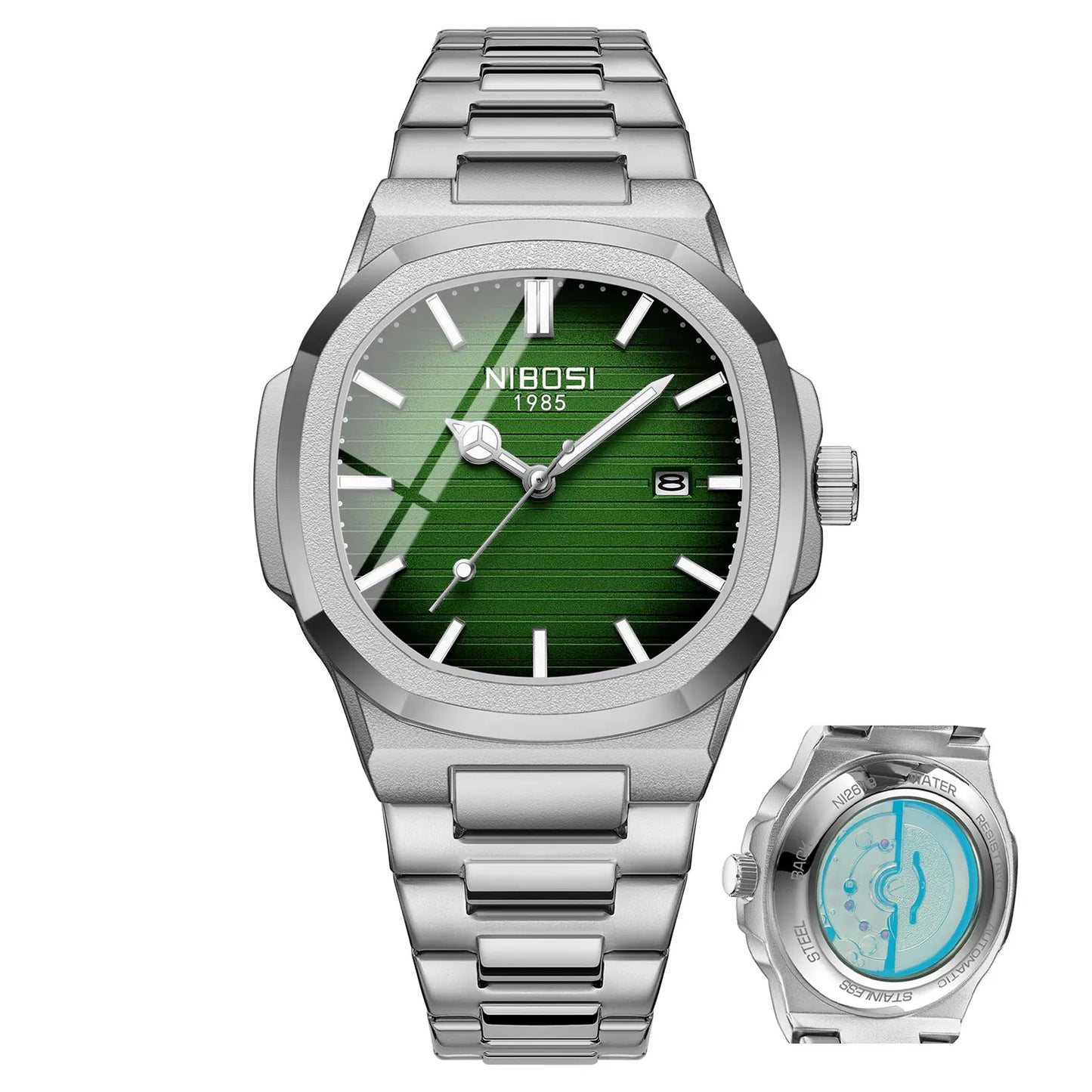 NIBOSI 2619 Imitated Mechanical Design Quartz Watches Stainless Steel Band Luminous Wristwatches for Male Clock Wholesale