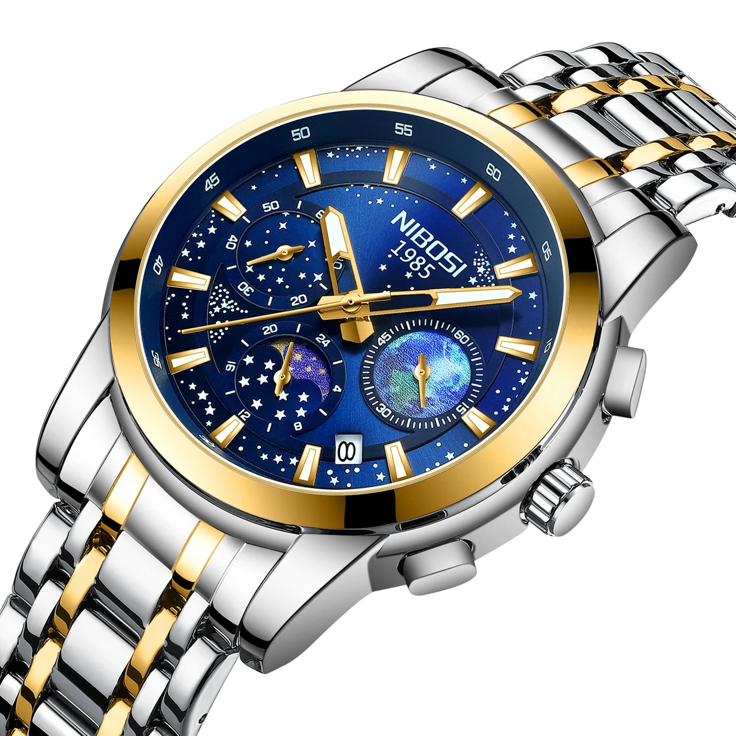 NIBOSI 2651 Men's Earth Sky Starry Night Design Auto Date Chronograph Alloy Case Stainless Steel Strap 3Bar Quartz Watch