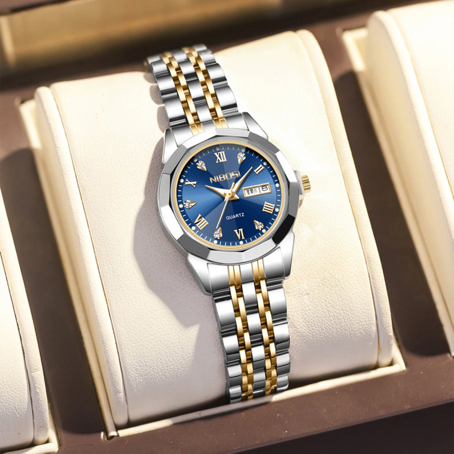 NIBOSI 2618 Women Fashion Luxury Elegant Street Wear Stainless Steel Band Mineral Glass Quartz Watch