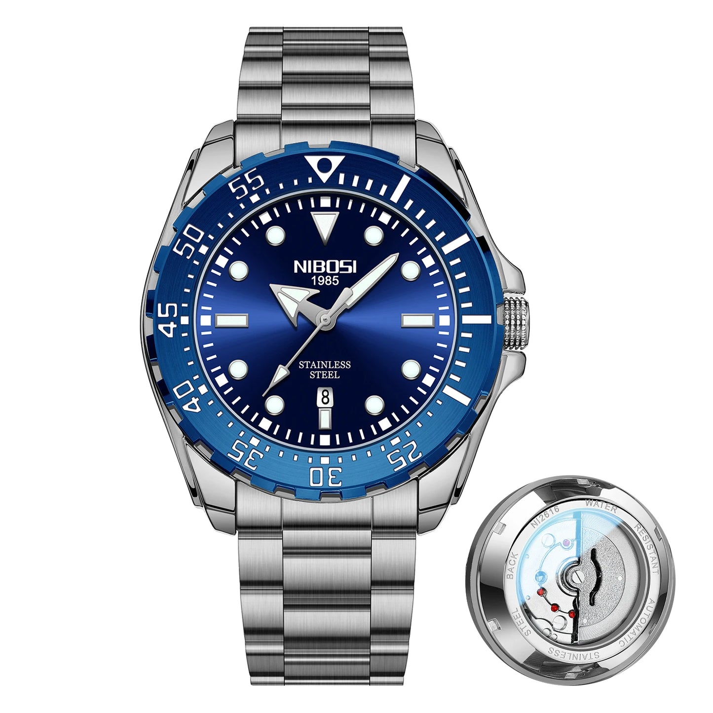 NIBOSI 2616 Men's Business Solid Steel Strip High-end Luminous Calendar Waterproof Black Blue Watch