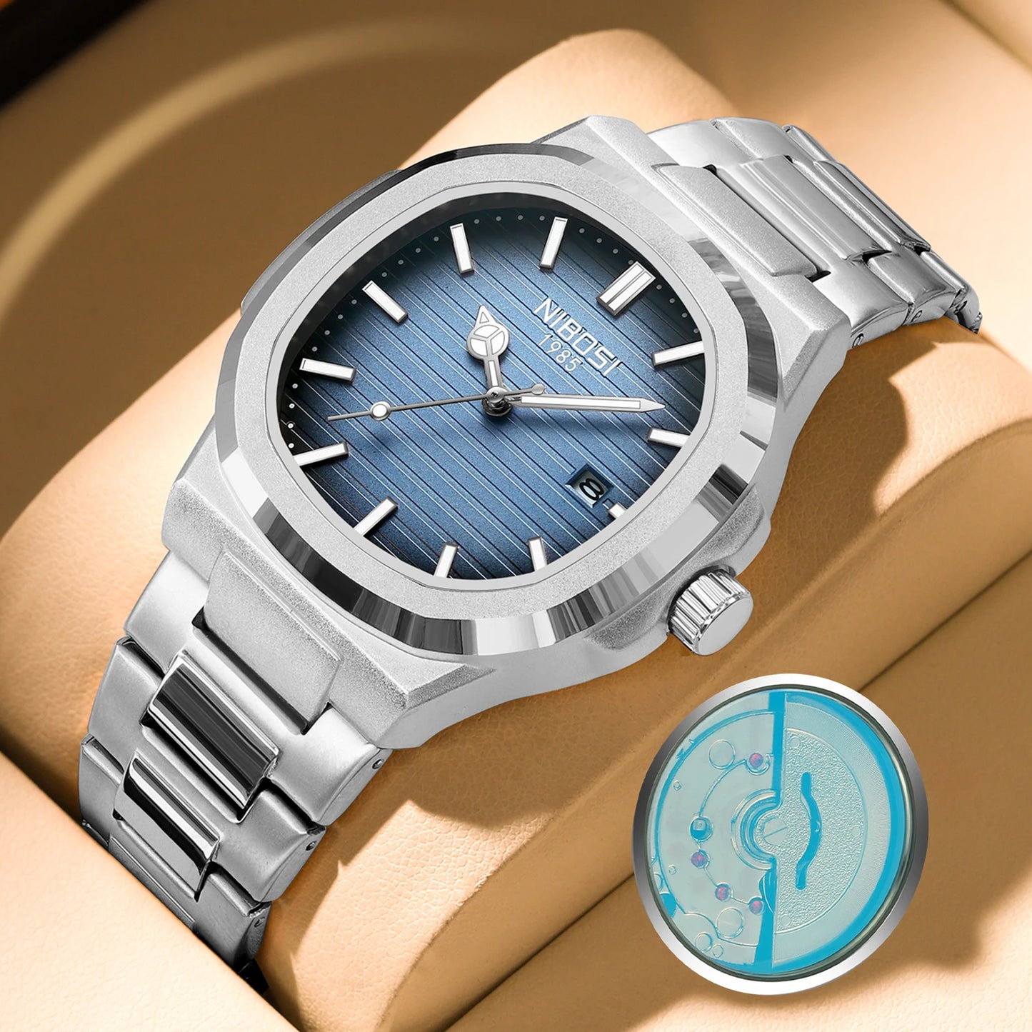 NIBOSI 2619 Imitated Mechanical Design Quartz Watches Stainless Steel Band Luminous Wristwatches for Male Clock Wholesale