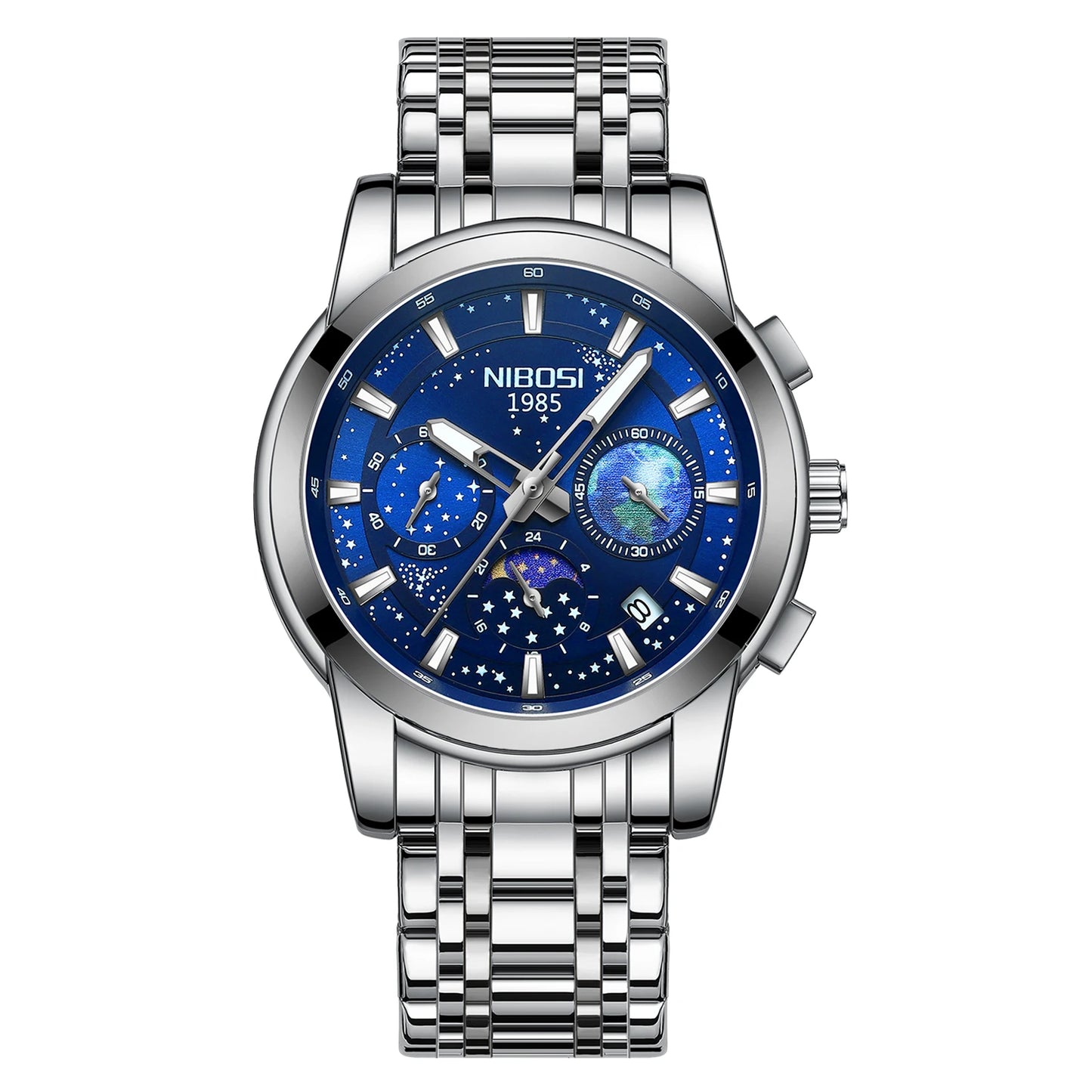 NIBOSI 2651 Men's Earth Sky Starry Night Design Auto Date Chronograph Alloy Case Stainless Steel Strap 3Bar Quartz Watch