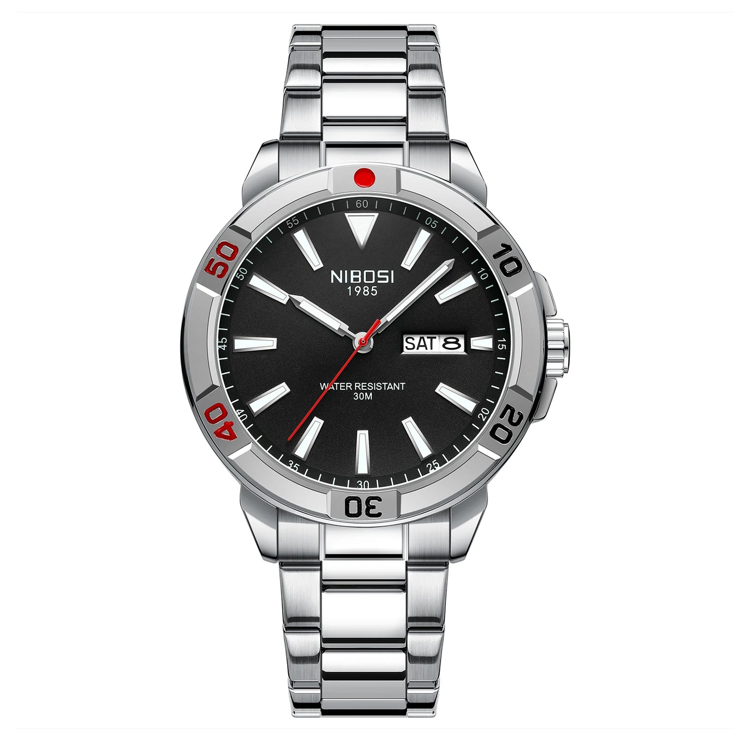 NIBOSI 2660 Business Luxury Mens Stainless Steel Strap Alloy Case Mineral Glasses Quartz Watch