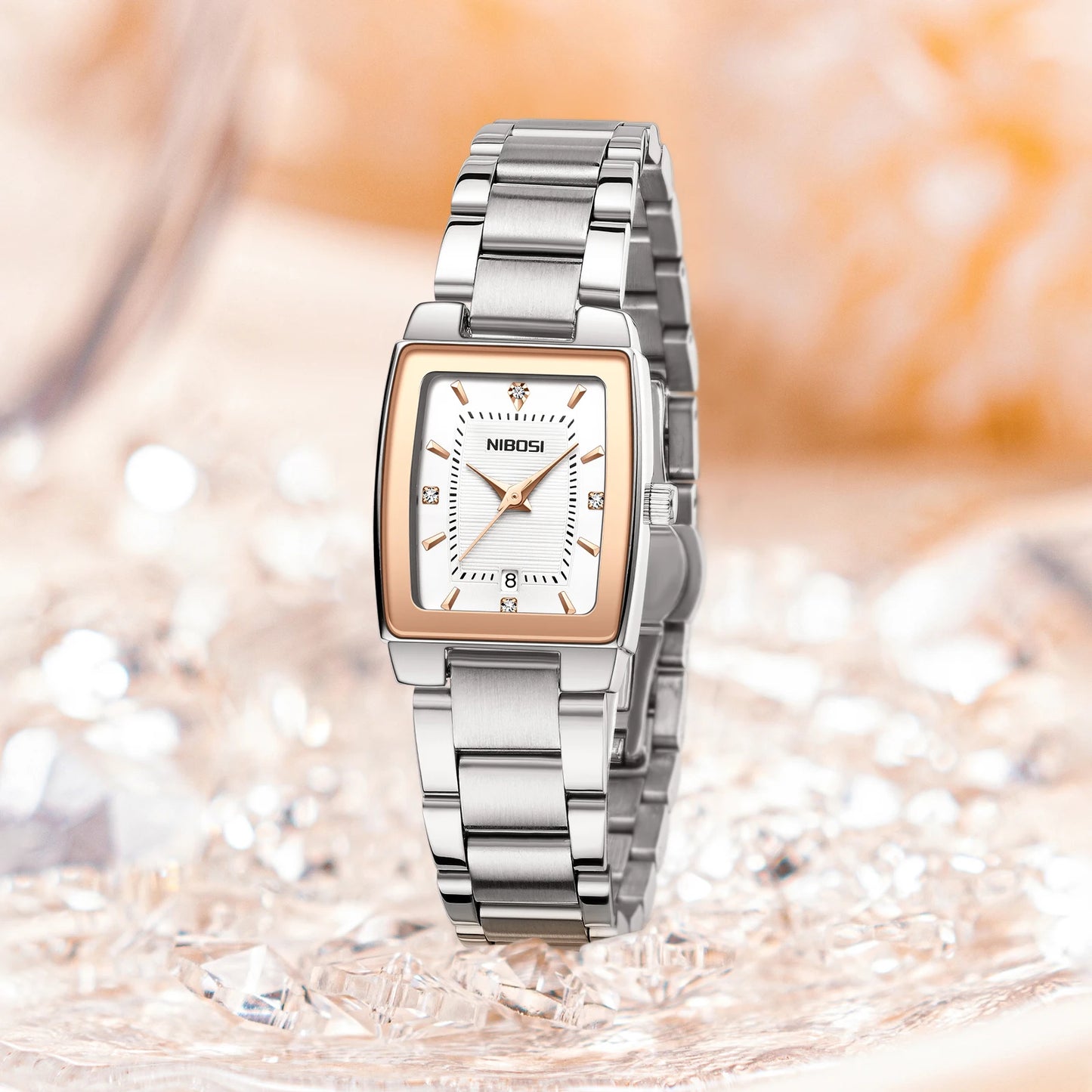 Nibosi 2671 Wholesale Fashion Explosion Light Luxury Square Silver Quartz Watch With Calendar Steel Belt Waterproof Watch