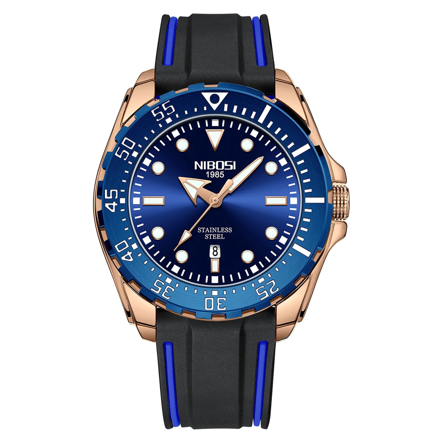 NIBOSI 2616 Men's Business Solid Steel Strip High-end Luminous Calendar Waterproof Black Blue Watch