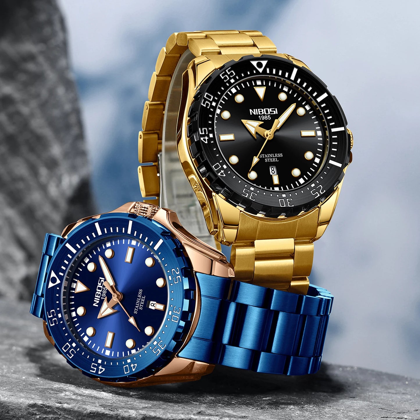 NIBOSI 2616 Men's Business Solid Steel Strip High-end Luminous Calendar Waterproof Black Blue Watch