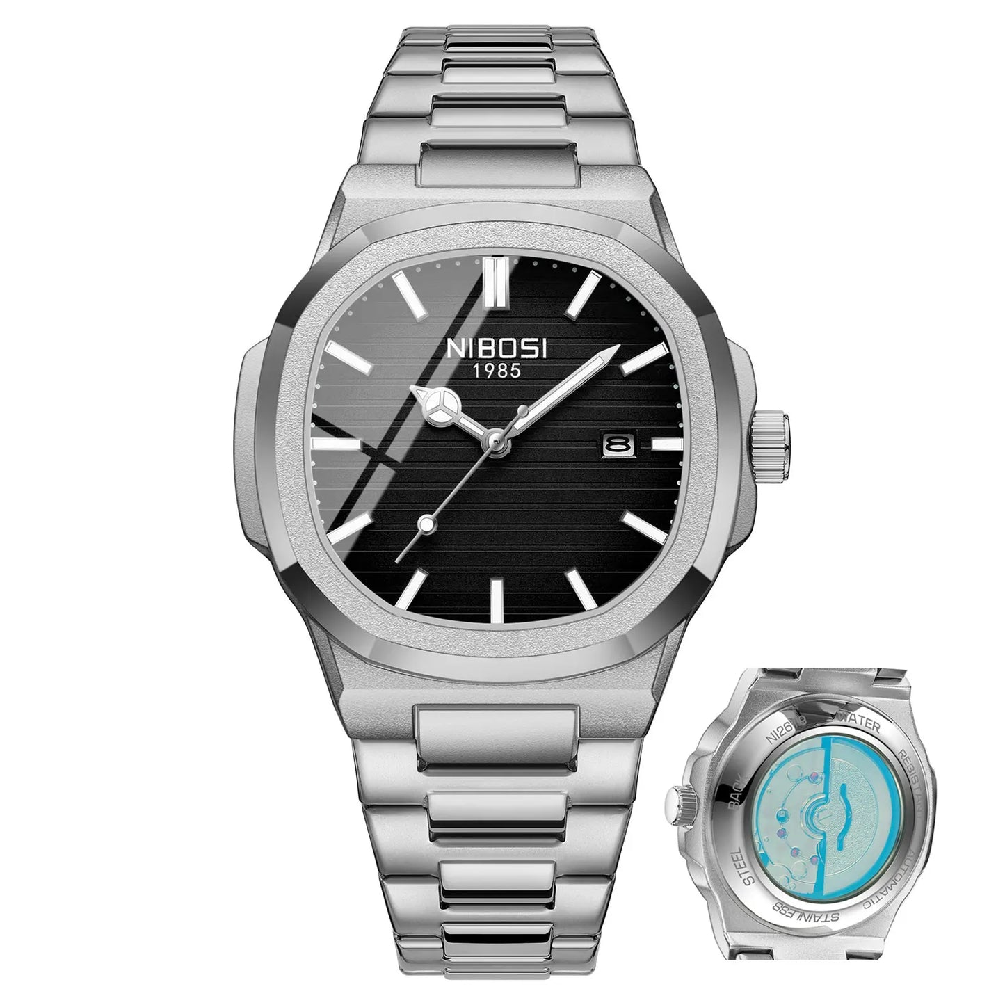 NIBOSI 2619 Imitated Mechanical Design Quartz Watches Stainless Steel Band Luminous Wristwatches for Male Clock Wholesale