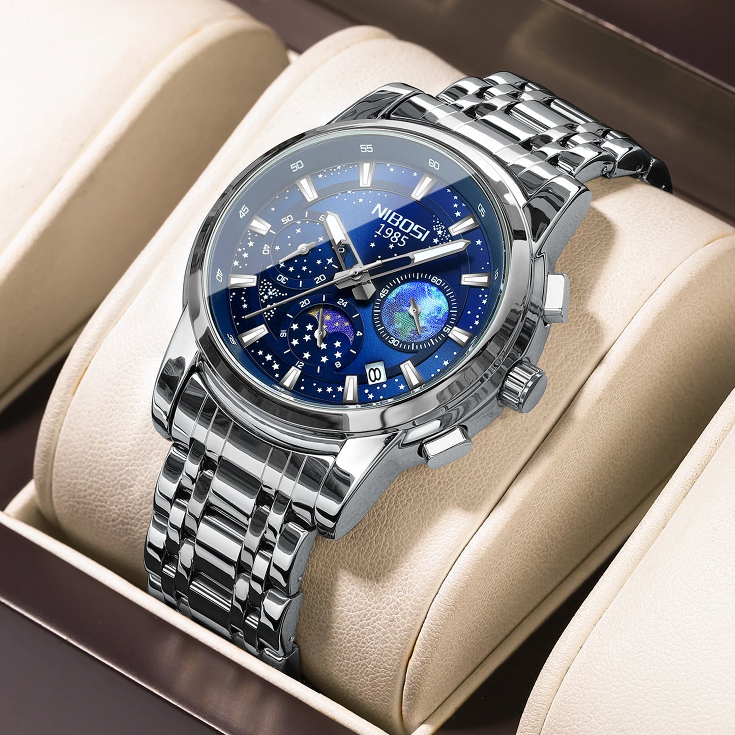 NIBOSI 2651 Men's Earth Sky Starry Night Design Auto Date Chronograph Alloy Case Stainless Steel Strap 3Bar Quartz Watch