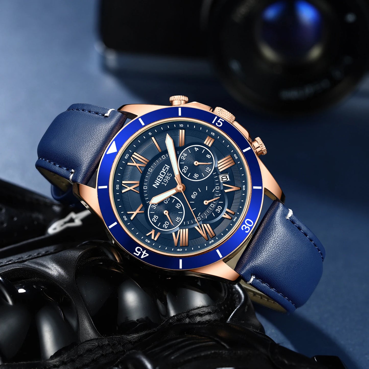 Wholesale Factory NIBOSI 2652 Mens Blue Leather Strap Quartz Wrist Watch Brand New Hot Handwatch for Men
