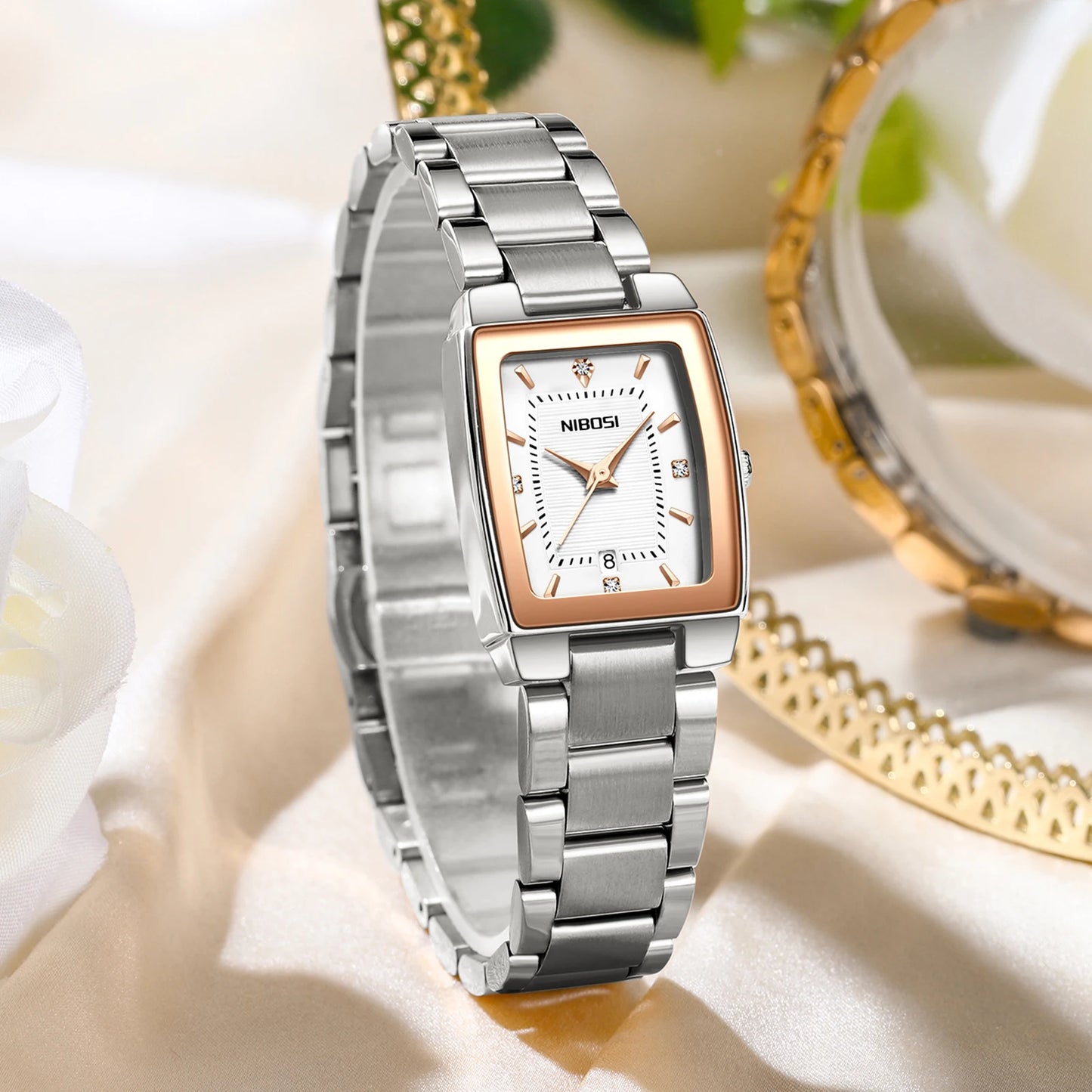Nibosi 2671 Wholesale Fashion Explosion Light Luxury Square Silver Quartz Watch With Calendar Steel Belt Waterproof Watch