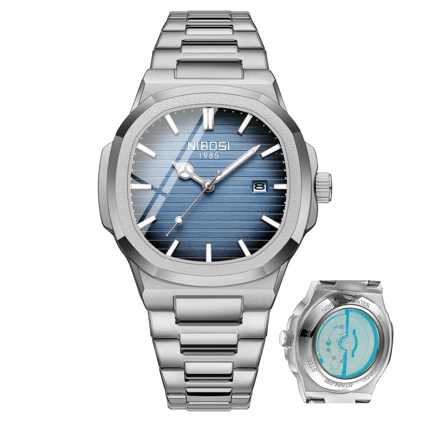 NIBOSI 2619 Imitated Mechanical Design Quartz Watches Stainless Steel Band Luminous Wristwatches for Male Clock Wholesale