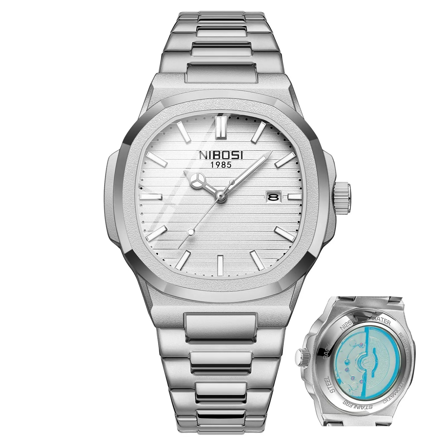 NIBOSI 2619 Imitated Mechanical Design Quartz Watches Stainless Steel Band Luminous Wristwatches for Male Clock Wholesale