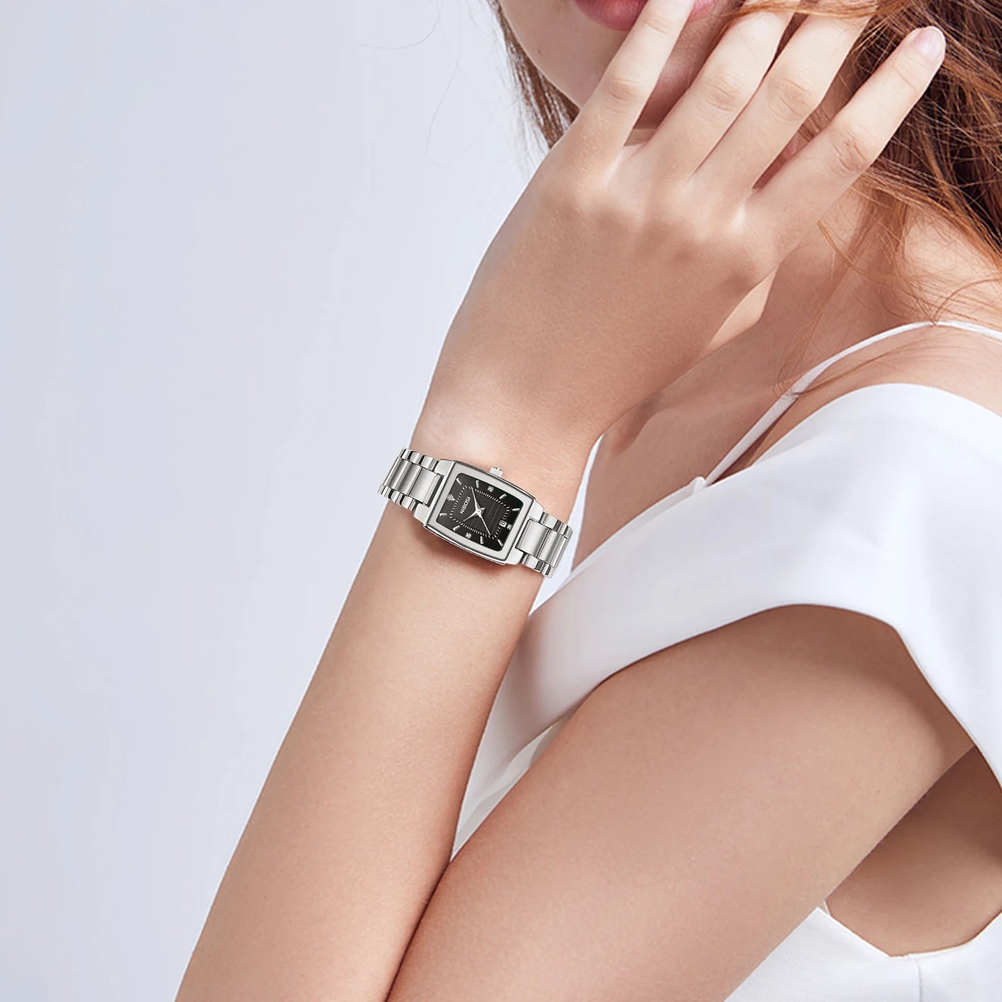 NIBOSI 2671 Fashion Elegant Luxury Square Silver Explosion Light Quartz Watch With Calendar Steel Belt Waterproof Watch