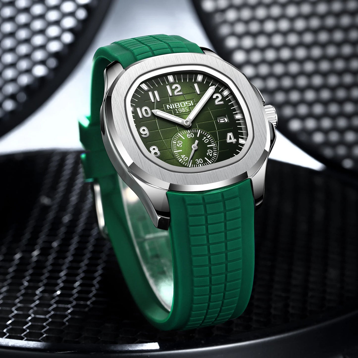 NIBOSI 2653 Mens Sports Style Green Blue Silicone Rubber Strap Waterproof Luminous Hands Quartz Watch