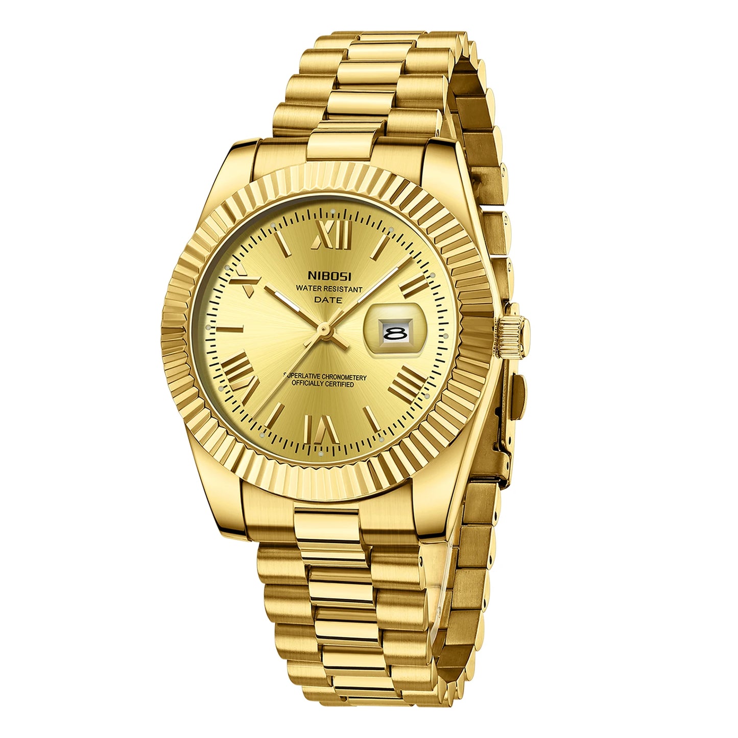 2025 NEW NIBOSI 2678 Fashion Golden Gents Quartz Watch Stainless Steel Band Waterproof Simple Business Wristwatch